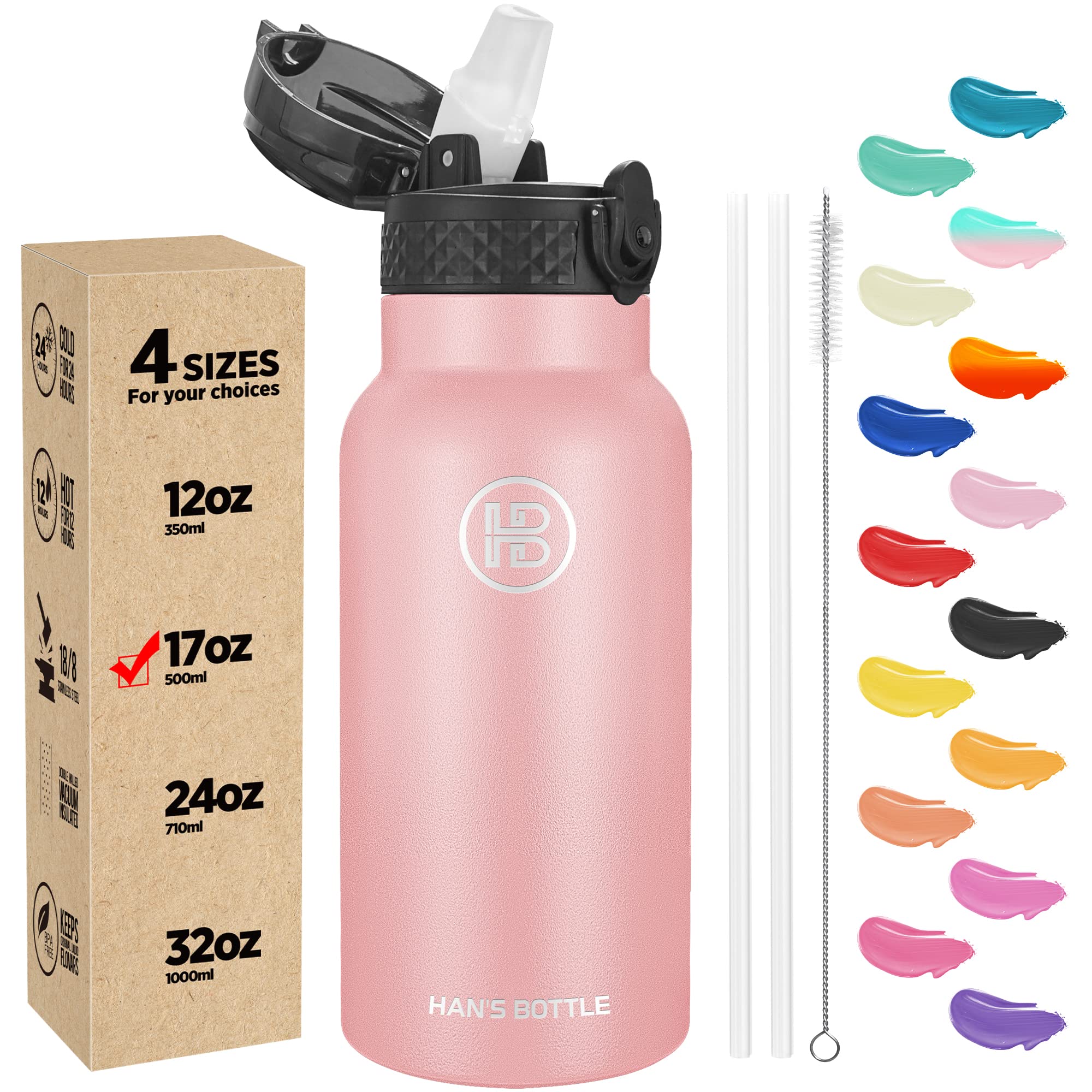 Han's Bottle Kids Water Bottle with Straw Lid - Insulated Stainless Steel Reusable Tumbler for Girls,Boys,Thermo Mug,17oz,Blush