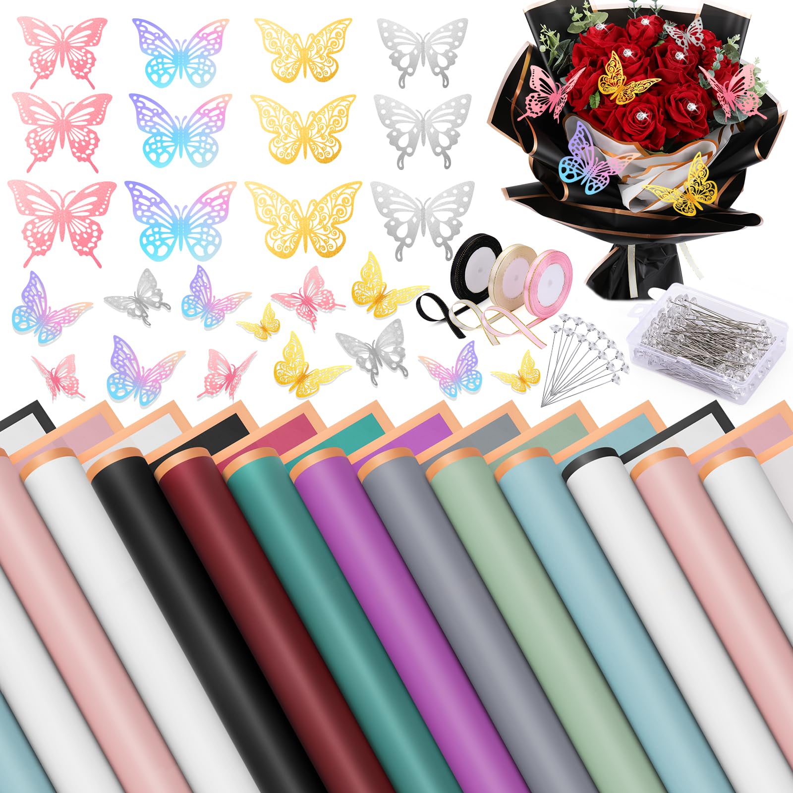 SOCNITC 202 Pcs Bouquet Wrapping Paper, 50 Waterproof Flower Wrapping Paper, 48 Butterflies Decorations, Ribbon for Flower Bouquet, Flower Paper Wrap for Wedding Birthday Graduation