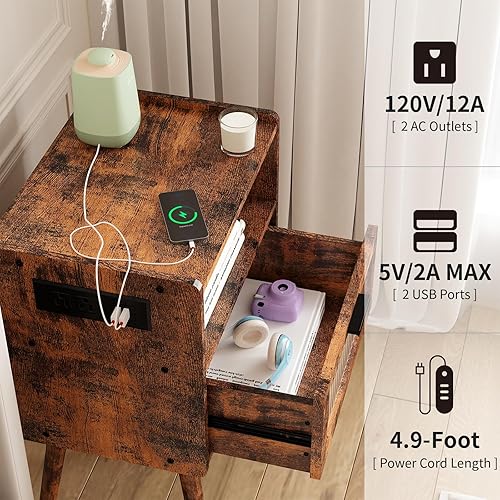 Miniatura 57 de Mesita de noche moderna de mediados de siglo con estación de carga, mesitas de noche con puerta de cristal, mesa auxiliar con espacio de Gris