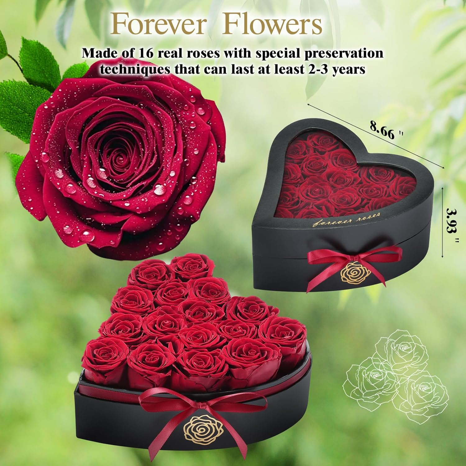 16 Forever Flowers in Heart Shaped Box - Preserved Roses Romantic Gifts for Her, Valentine’s Day, Anniversary, Wedding (Wine) - Image 3