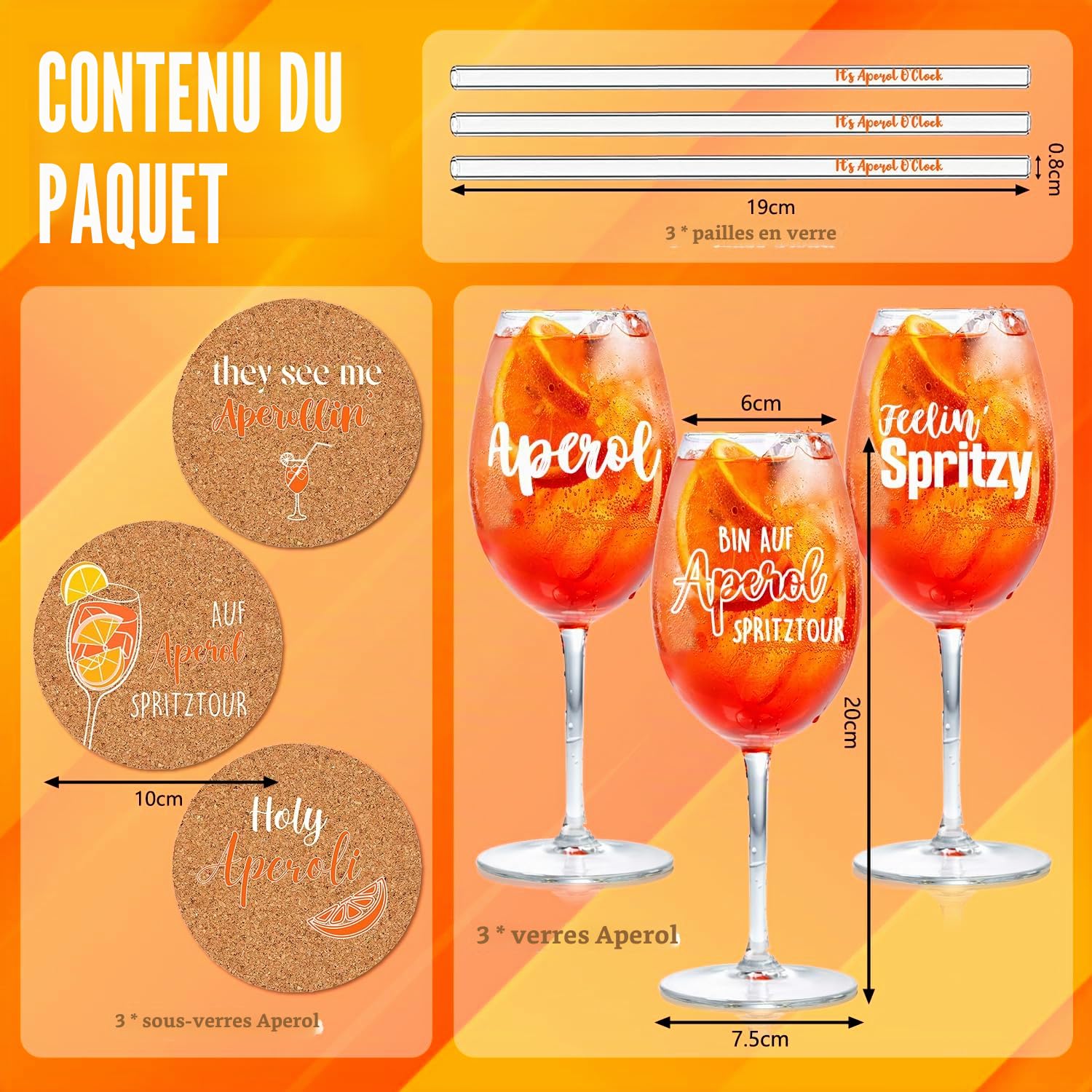 Coffret cadeau 3 verres Aperol Spritz - Verres Aperol de qualité supérieure | Pailles en verre It’s Aperol O’Clock | Sous-verres en liège, idéal pour les amateurs d'Aperol
