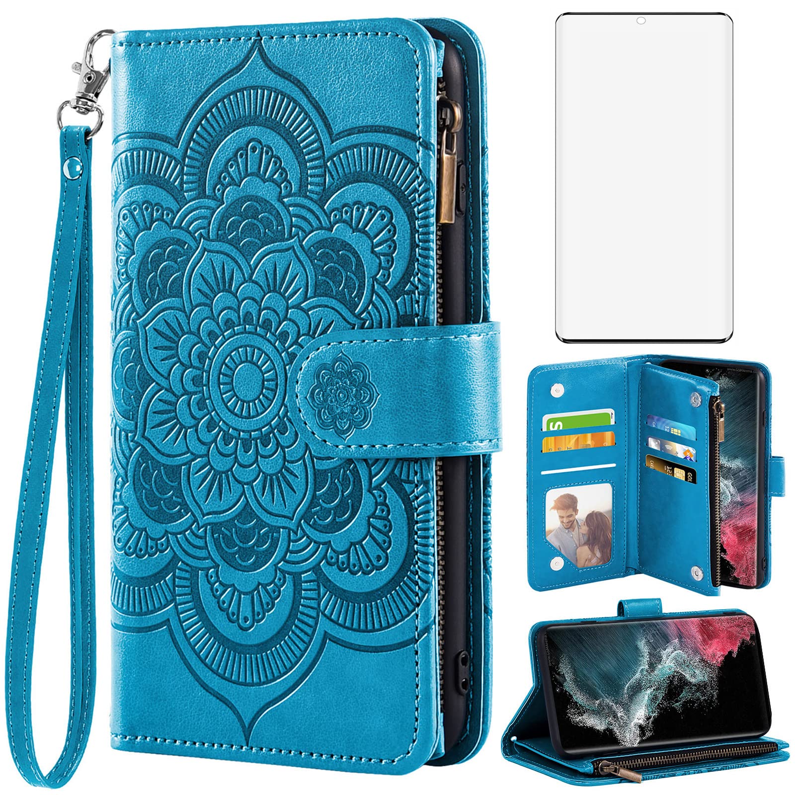 Asuwish Compatible with Samsung Galaxy S22 Ultra 5G Wallet Case and Tempered Glass Screen Protector Leather Flip Card Holder TPU Cell Phone Cover for Gaxaly S22ultra 22S S 22 22ultra G5 Women Men Blue