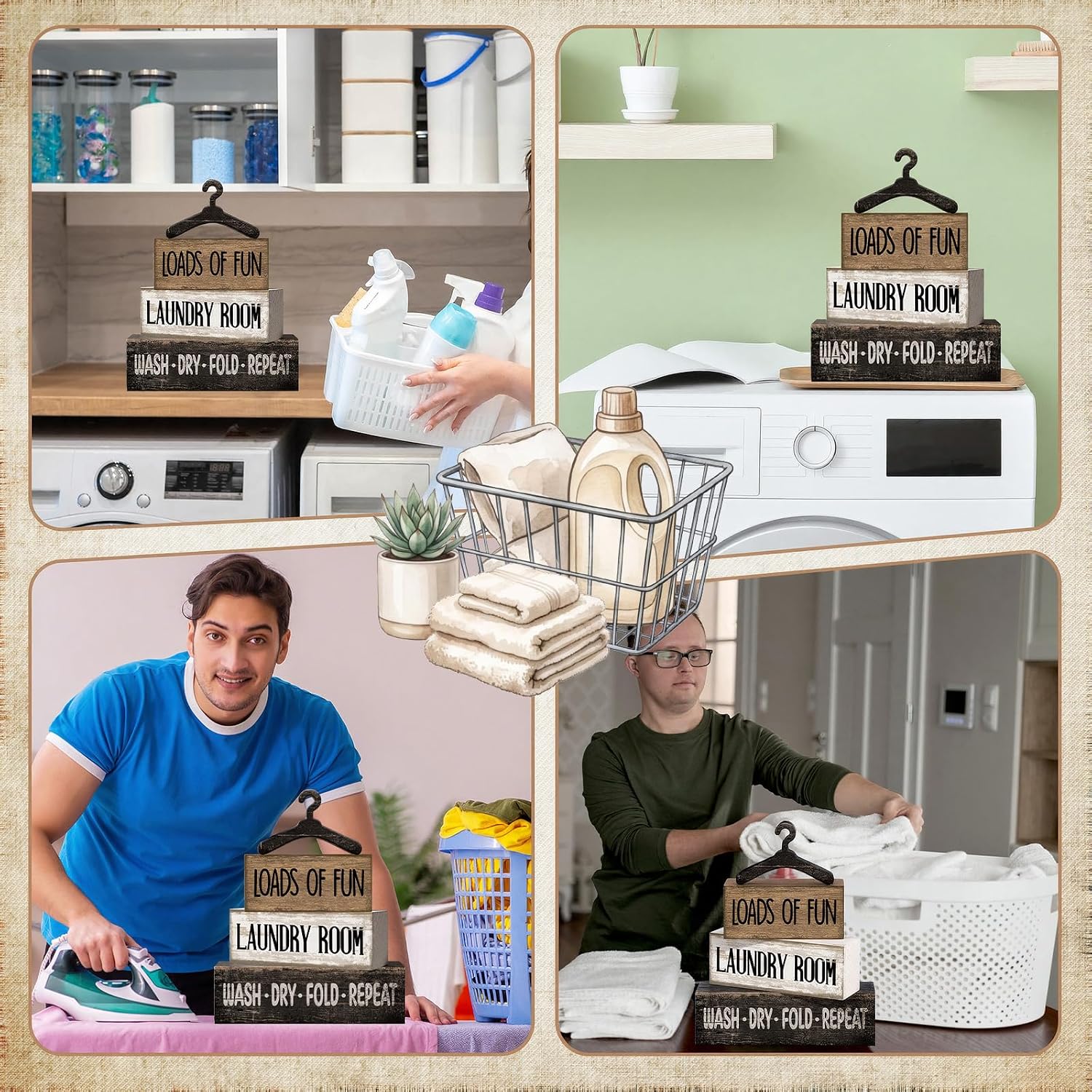 Moucuny 4 Pcs Laundry Room Decor Wooden Signs Rustic Farmhouse Block image 5