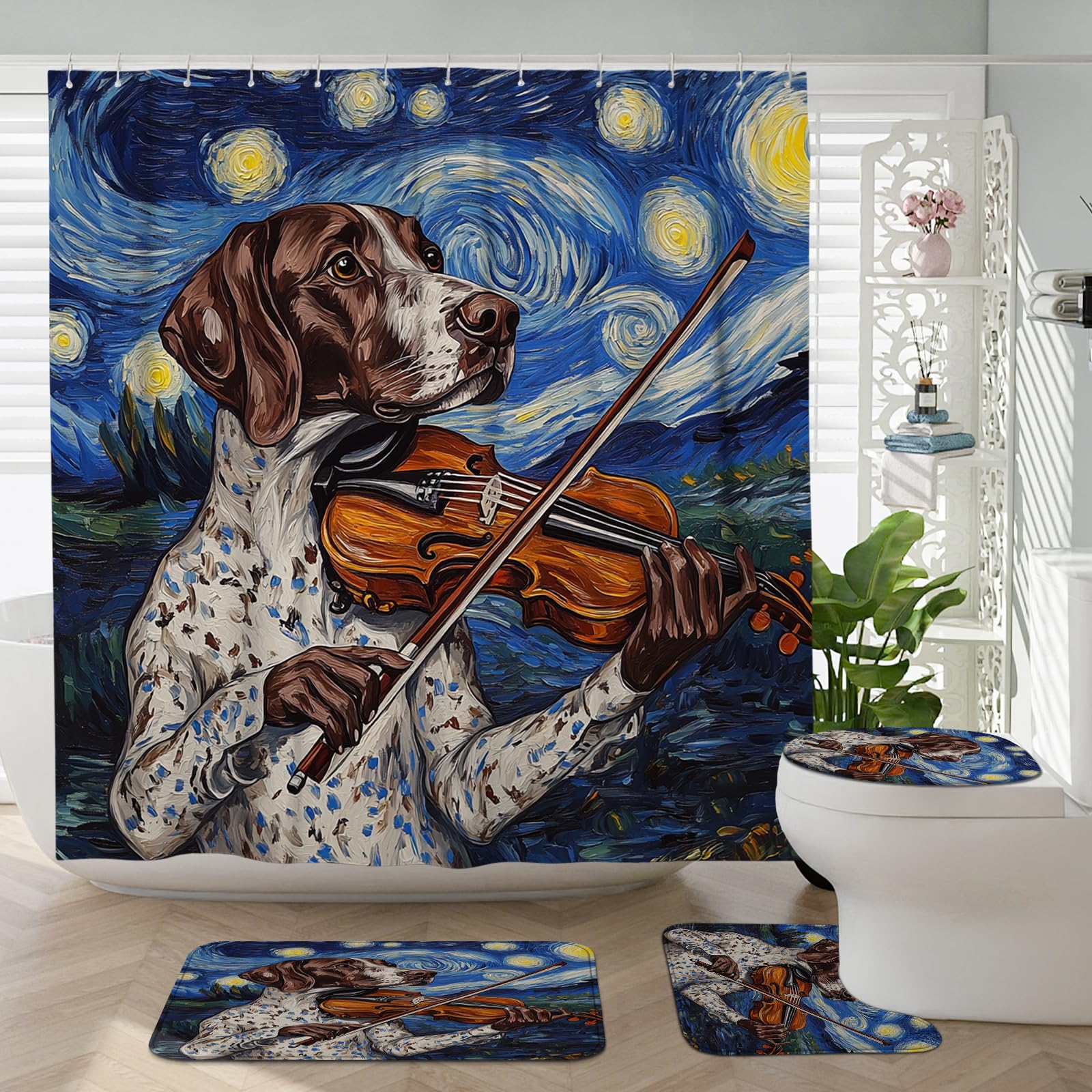 4PCS German Shorthaired Pointer Dog Bathroom Accessory Sets with Non-Slip Rug, U Shape and Toilet Lid Cover Mat, Oil Painting Violin Bathroom Fabric Decor-72''x72''