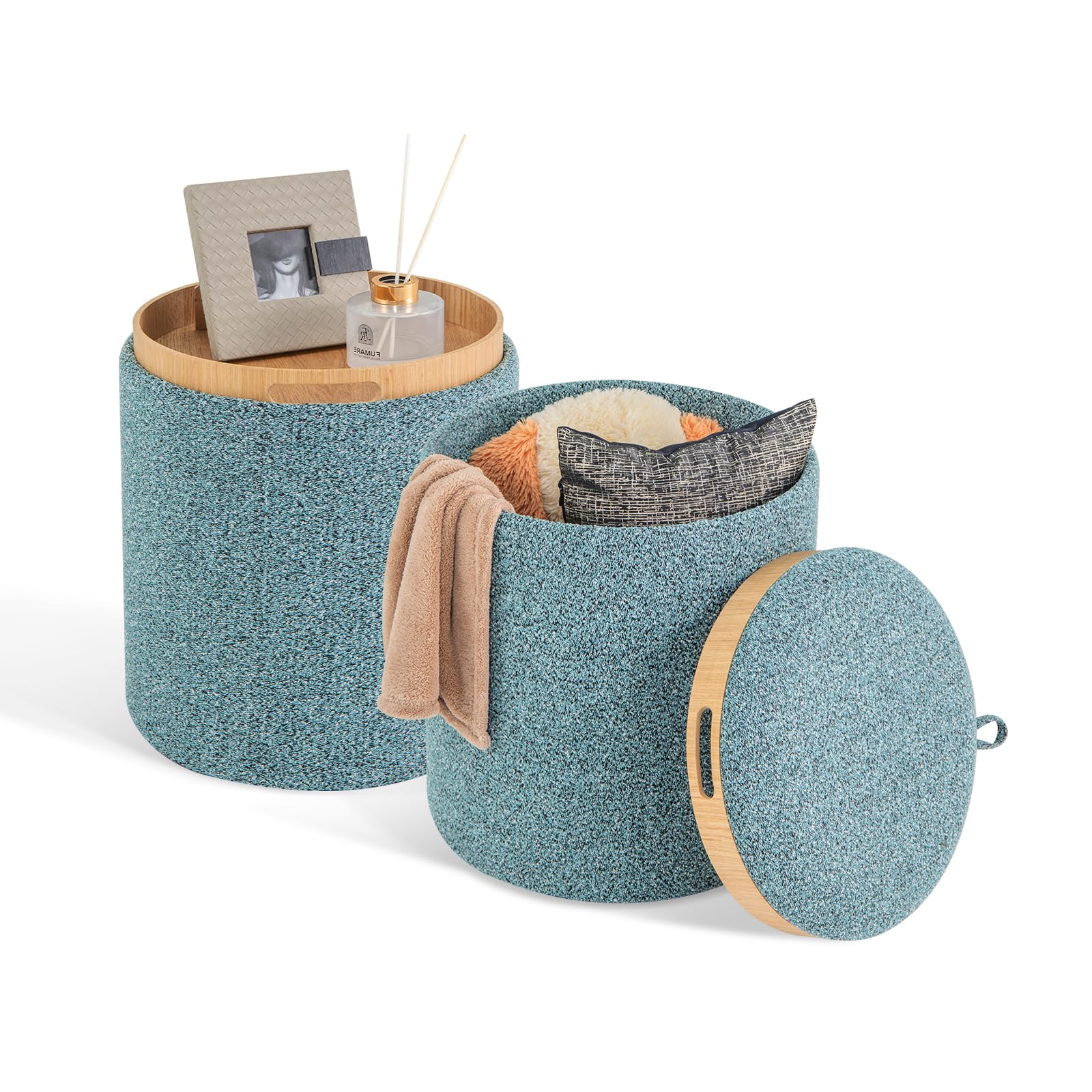 HOMASIS Set di 2 Pouf Contenitore Rotondo, Puff Poggiapiedi con Coperchio Reversibile e Maniglie Laterali, Sgabello Contenitore per Soggiorno, Camera da Letto, Azzurro