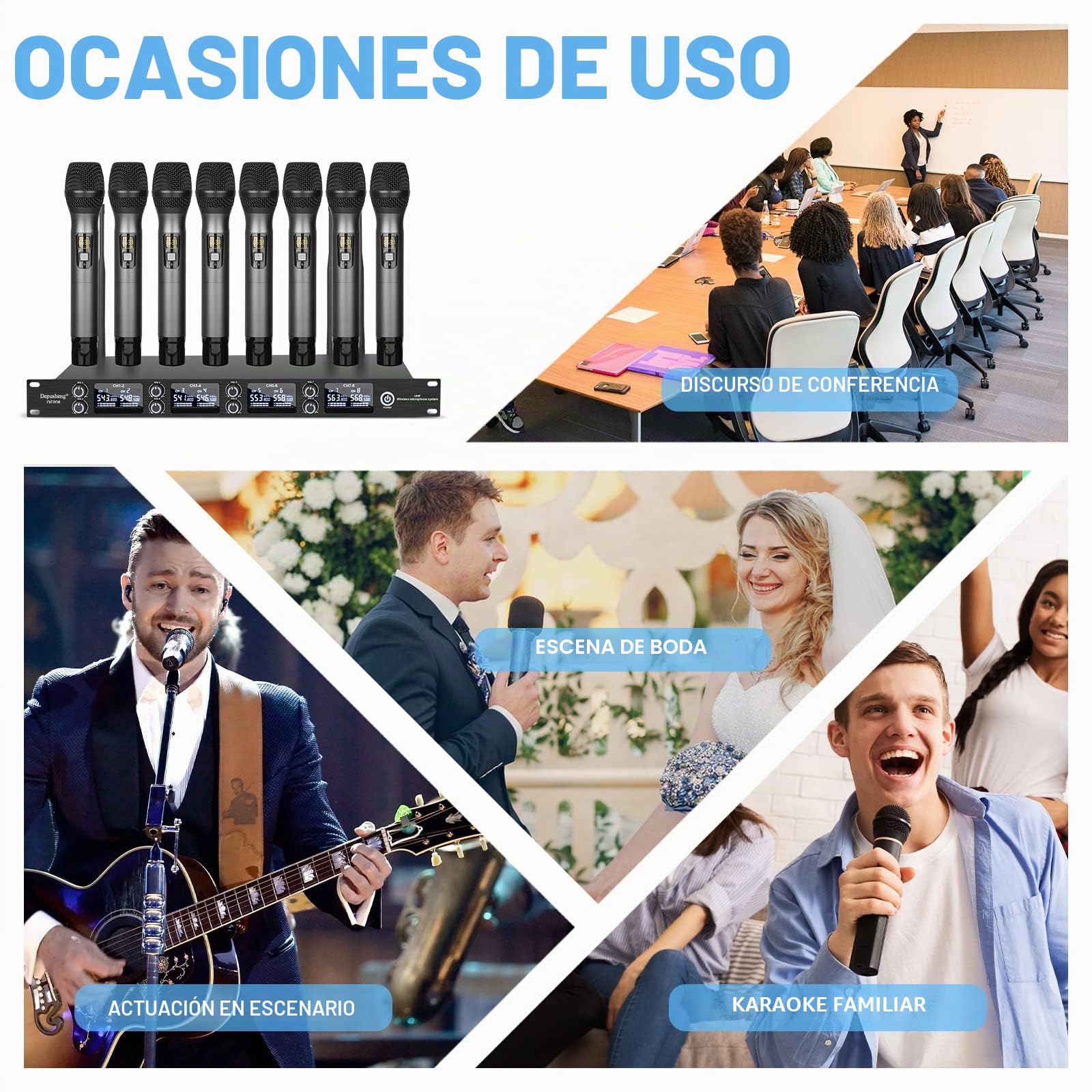 Depusheng DF208 UHF Micros Inalámbrico System de Micrófono Portátil Dinámico Profesional de 8 Canales Caja de Metal Emparejamiento Automático de Frecuencias Adaptado a la Escena, Conferencia