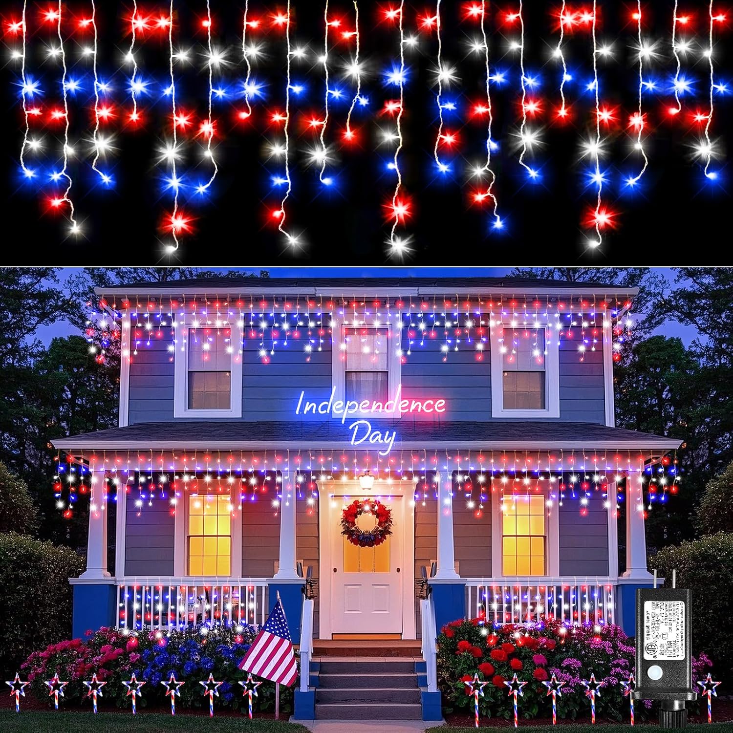 Red White and Blue Lights for 4th of July Decor, 33ft Icicle Lights for Outside Independence Day Decoration, 400 LED Christmas Light Outdoor Indoor with 120 Drops Clear Wire Connectable for Holiday Red White and Blue 400LED/33ft
