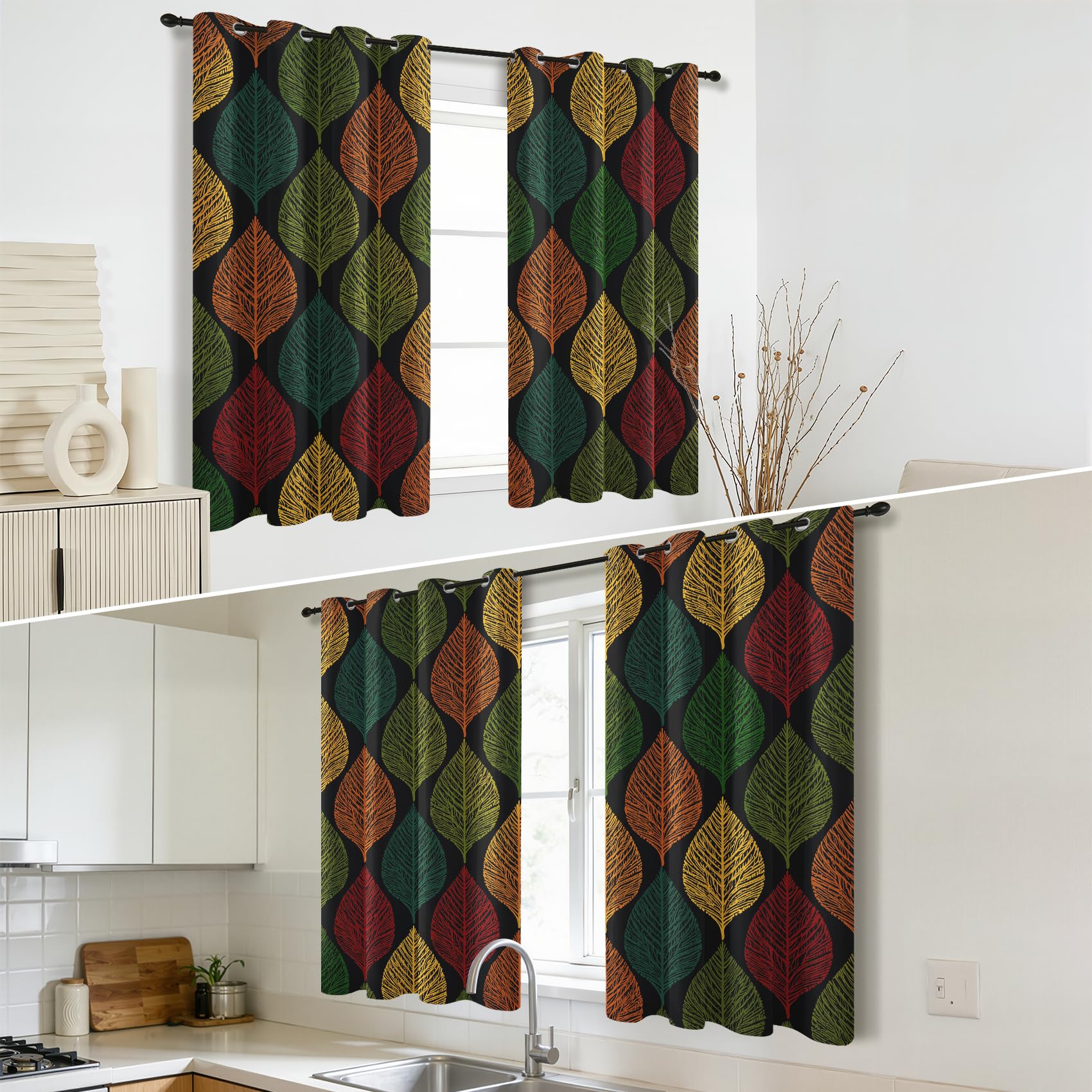 Mistela Blätter Verdunklungsvorhänge - Gardinen Boho Bunte Blätter Blickdicht Vorhang mit Ösen Verdunklungsvorhänge für Kinderzimmer Wohnzimmer Schlafzimmer Dekoration - 2er Set - H220 x B140cm