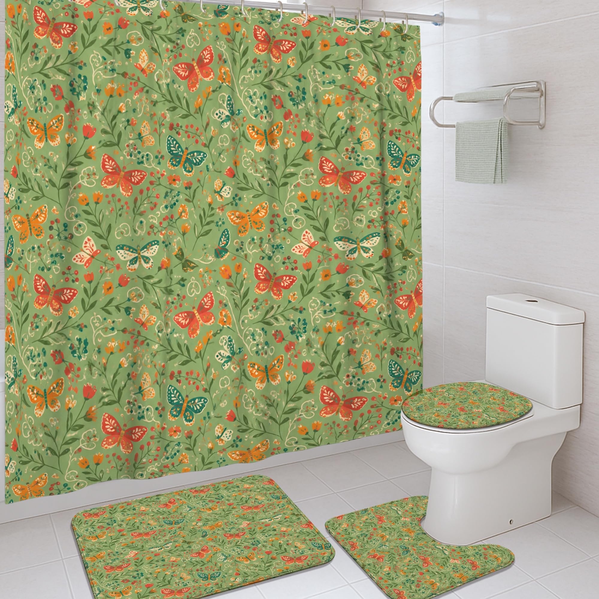 Rideau de douche fleurs et papillons 183x183 cm avec crochets inclus