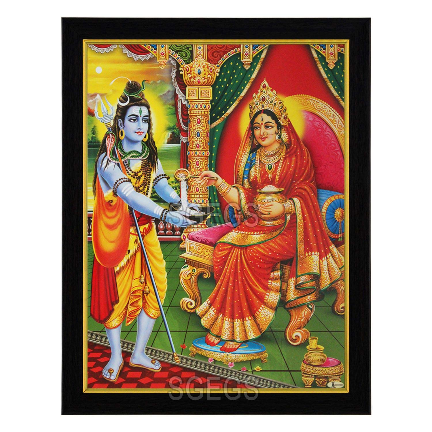 SHREE GANESH ENTERPRISE GIFTING SOLUTIONS God Shiv and Goddess Annapoorni HD Photo Frame Annapoorna Annapurna Painting Pooja Wall Hanging (Wood, Poster with Frame, Multicolour, 23.5X1x31cm)