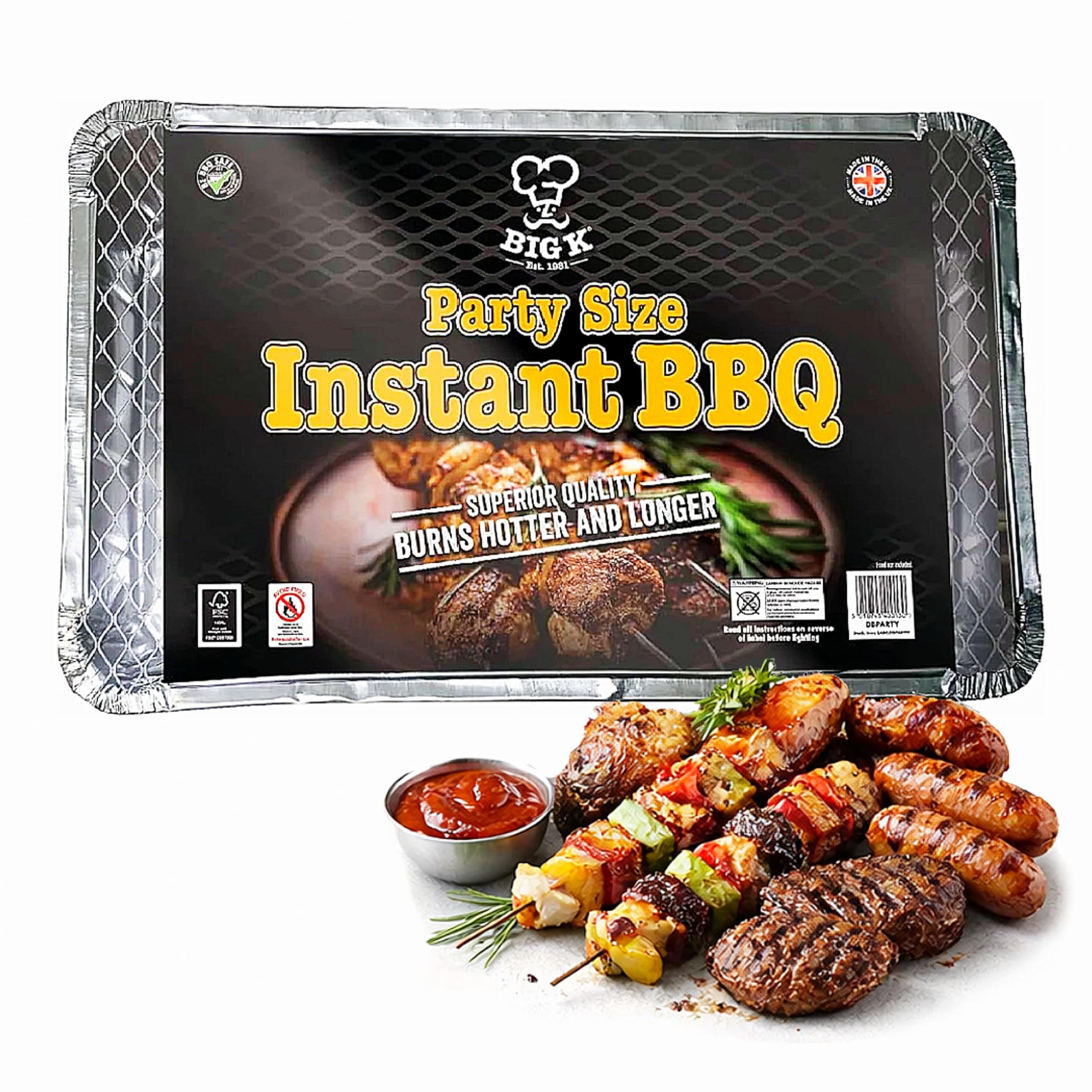 Big K Disposable Instant BBQ Tray - Party Size All In One Barbecue Instant Light Charcoal Grill Tray with Topline Card. Ideal for Garden BBQs, Camping, Outdoor Party, Picnics.