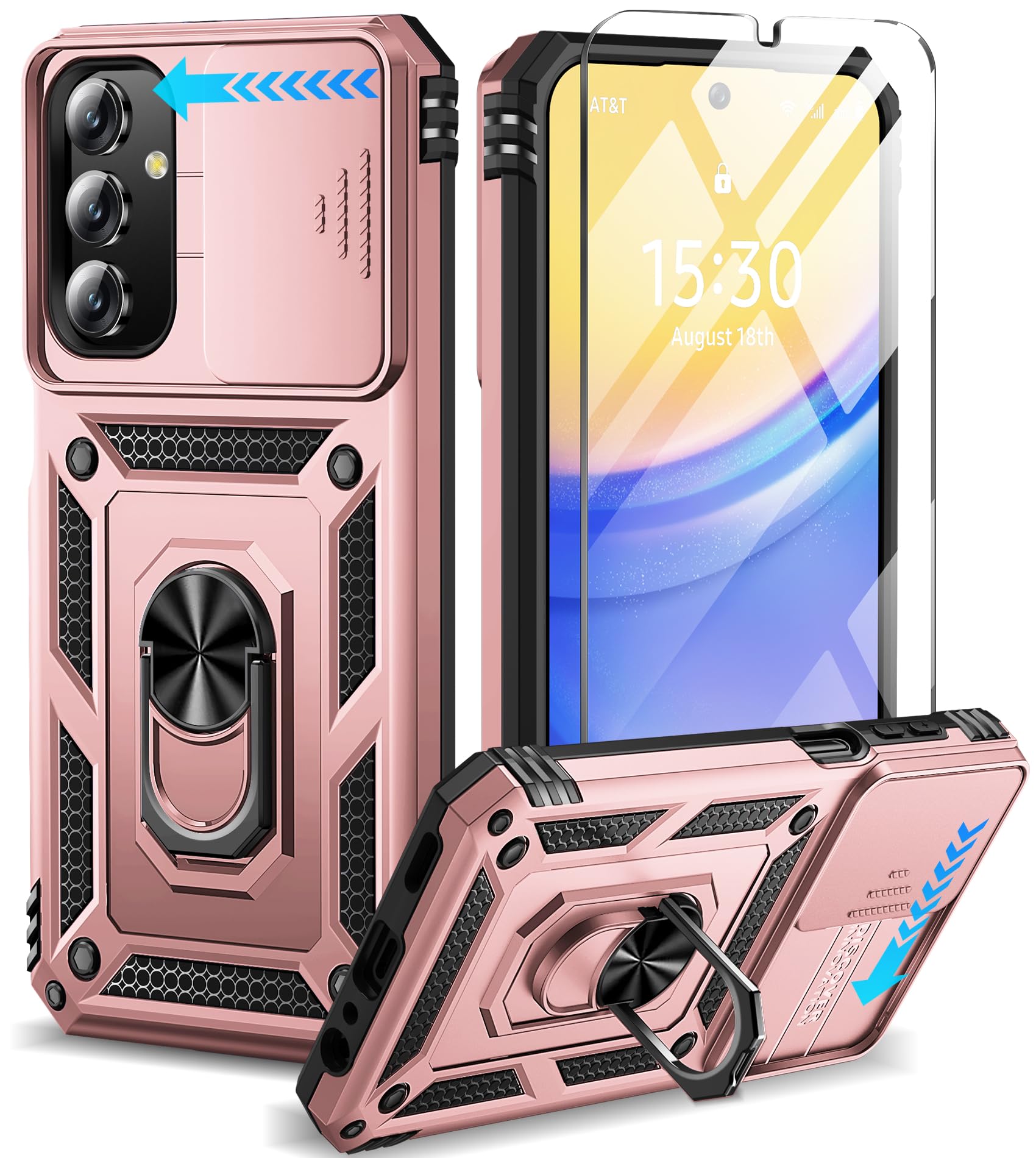 BaHaHoues for Samsung Galaxy A15 5G Case with Screen Protector & Slide Camera Lens Cover,Built-in 360°Rotate Magnetic Ring Stand Shockproof Protective