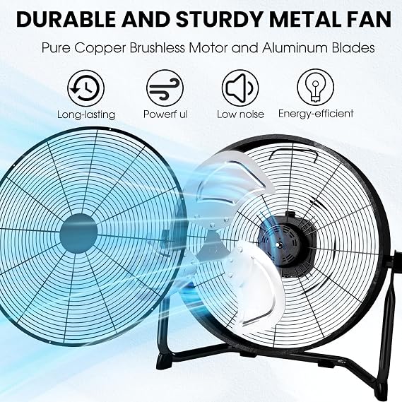 WARMLREC 20 Portable Battery Operated Floor Fan, 5400mAh Rechargeable Battery Fan with Metal Blades, Stepless Speed Control, for Patio Camping Garage Greenhouse Home Use