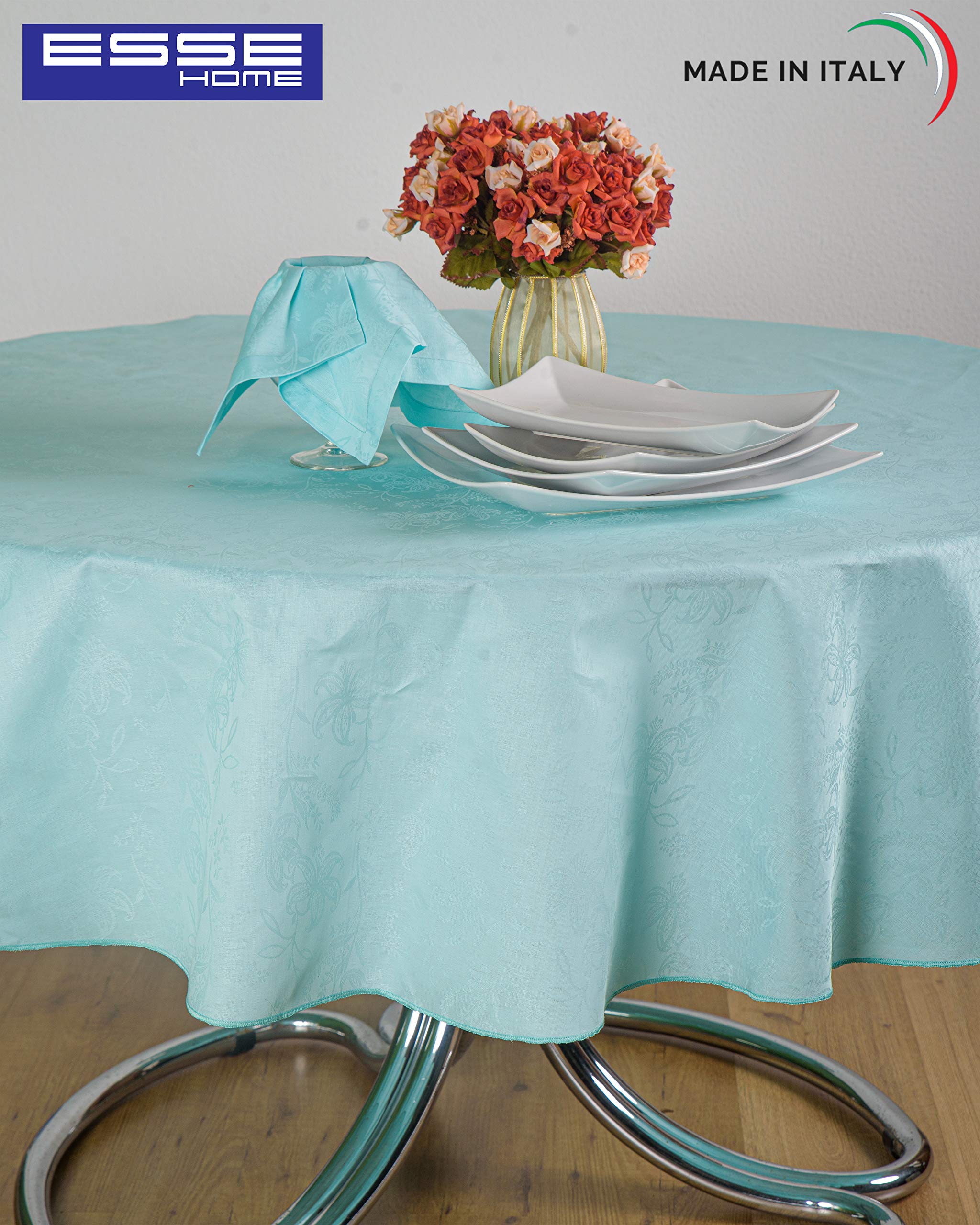 ESSE HOME - Ligne Confestyl - Nappe avec 8 serviettes (Service de table) - Ronde - Jacquard Pur Coton - Made in Italy - Produit artisanal - IRIS 598 (0/170, Service Vert)