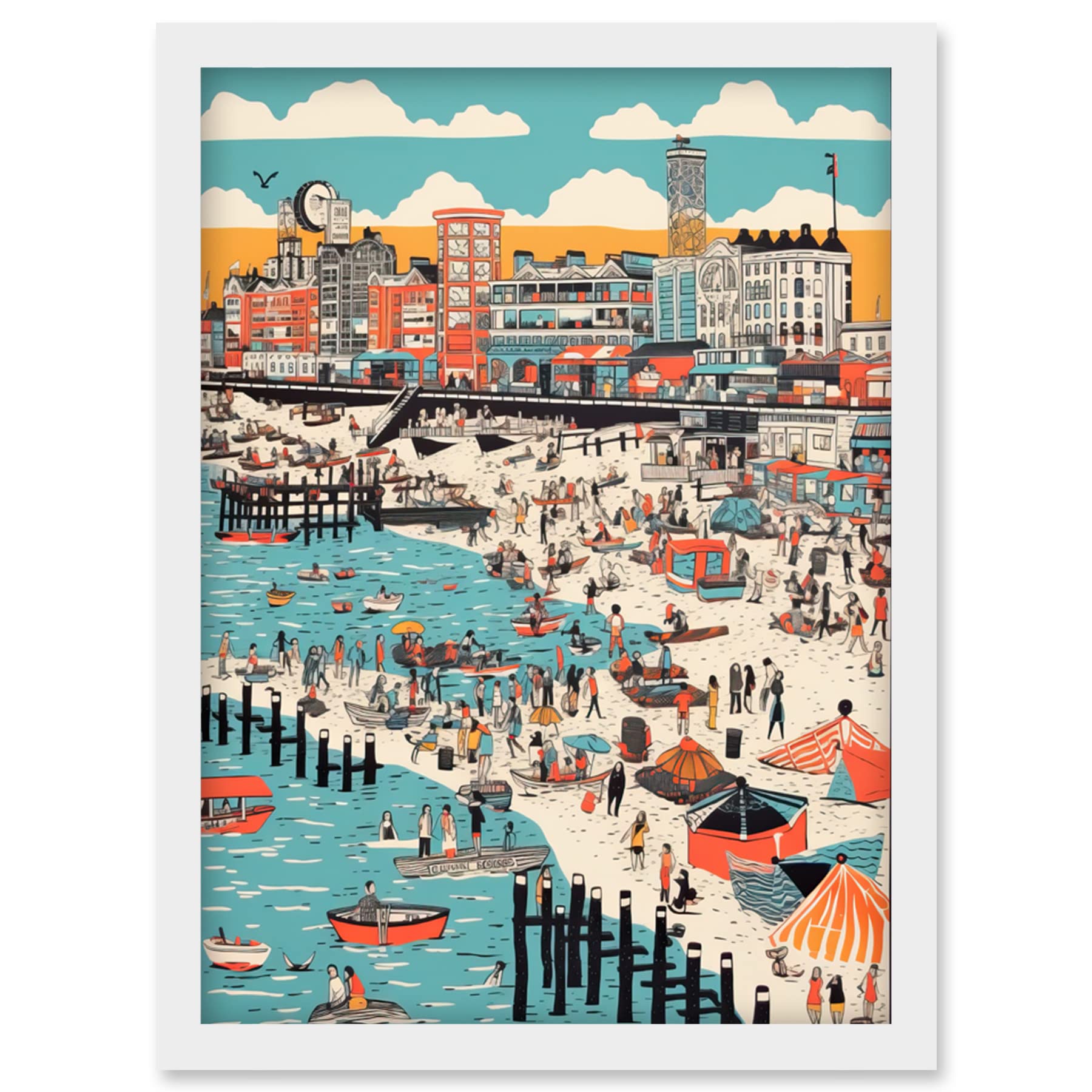 Artery8 Brighton Beach Warm Summer Day Colourful Scene Artwork Framed Wall Art Print A4