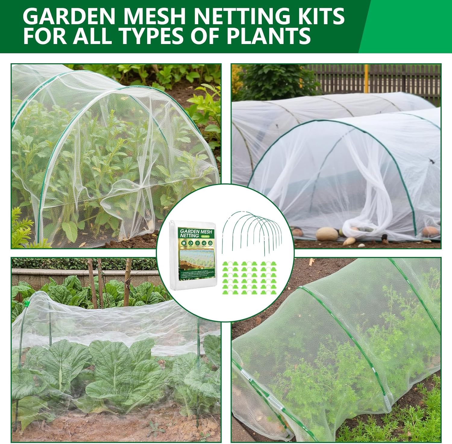 2 x Garden Netting Kit, 10x30FT Green Mesh Netting+10x30FT White Mesh Netting+ 12 Sets of 8FT Fiberglass Garden Hoops for Raised Beds