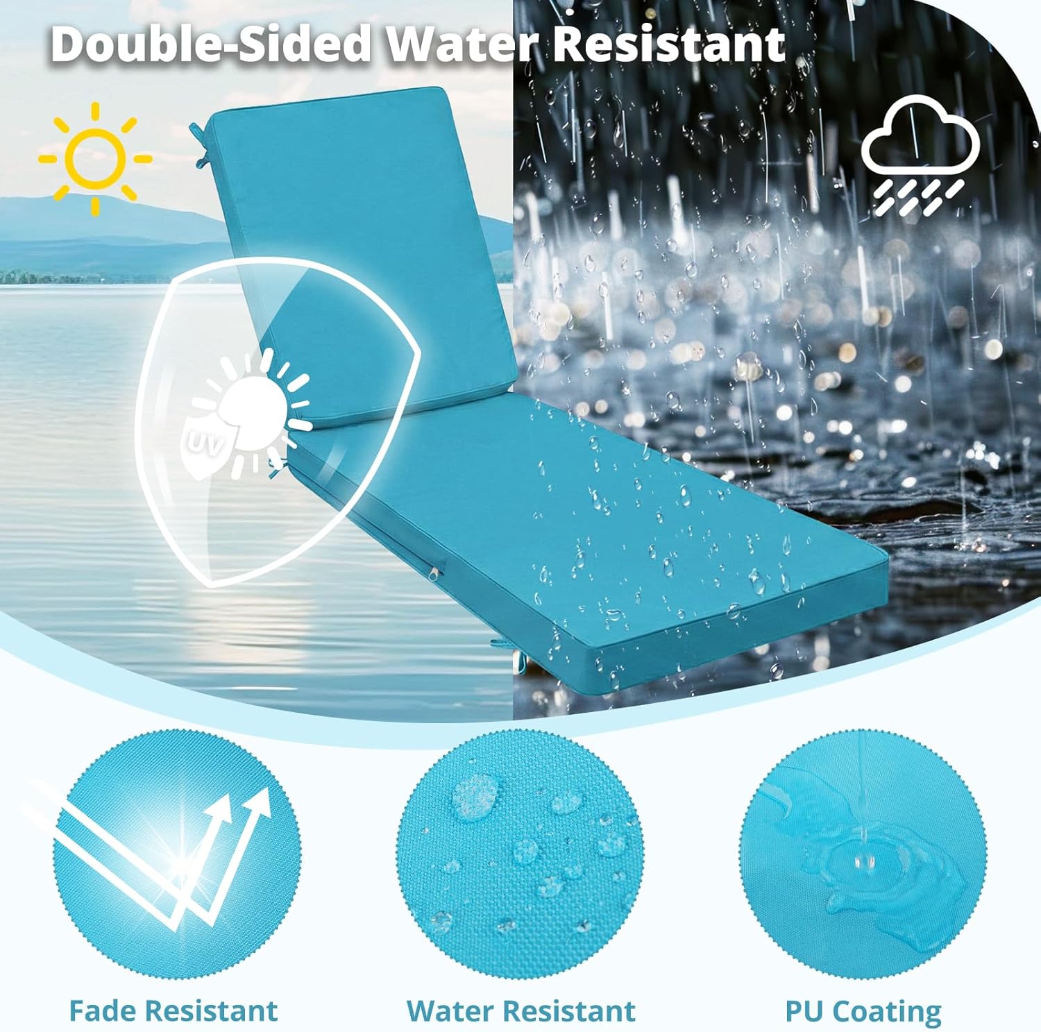 Fabuday Chaise Lounge Chair Cushions for Outdoor Furniture - 72 x 21 x 3 Inch Waterproof Patio Pool Sunbrella Lounger Pads Replacement with Removable Cover, Teal