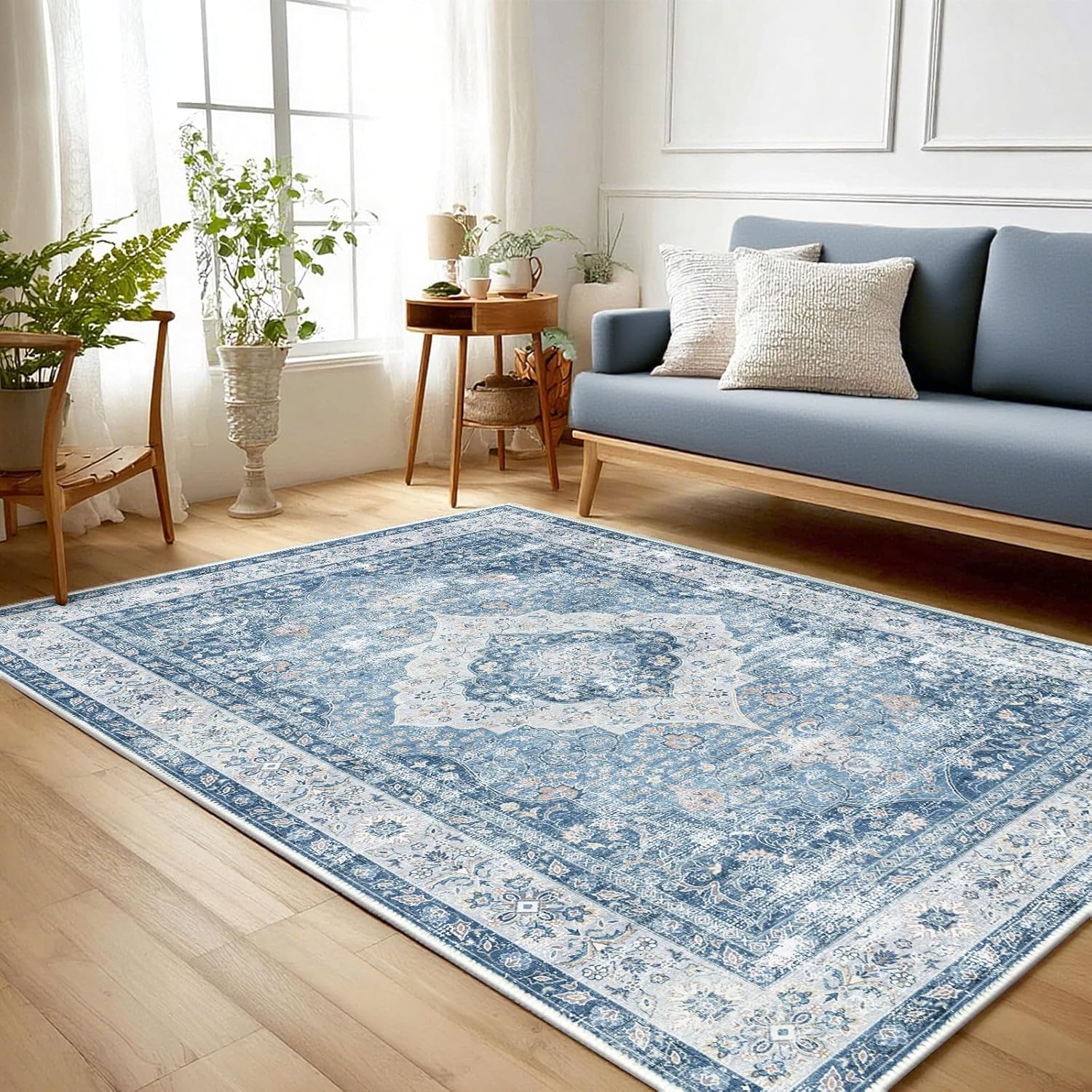 ANSSO Boho Extra Soft Vintage Faux Wool Washable Area Rug(3x5 Mist Blue)