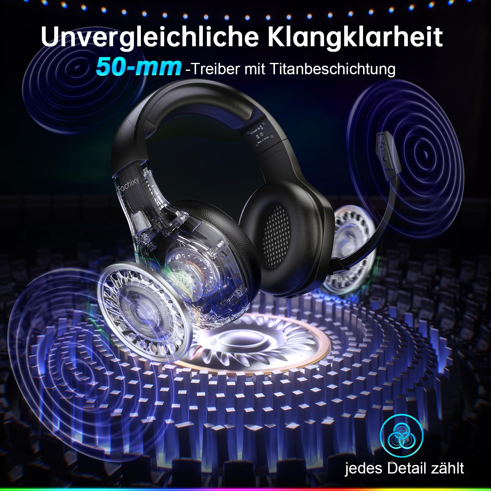 Fachixy Gaming Headset Wireless für PS5, PS4, PC, Mac, Laptop Switch Mobile, 2.4GHz Geringe Latenz Und Bluetooth, Kabelloses kopfhörer mit Mikrofon Immersive Stereo Sound, 50H Akku, RGB Beleuchtung