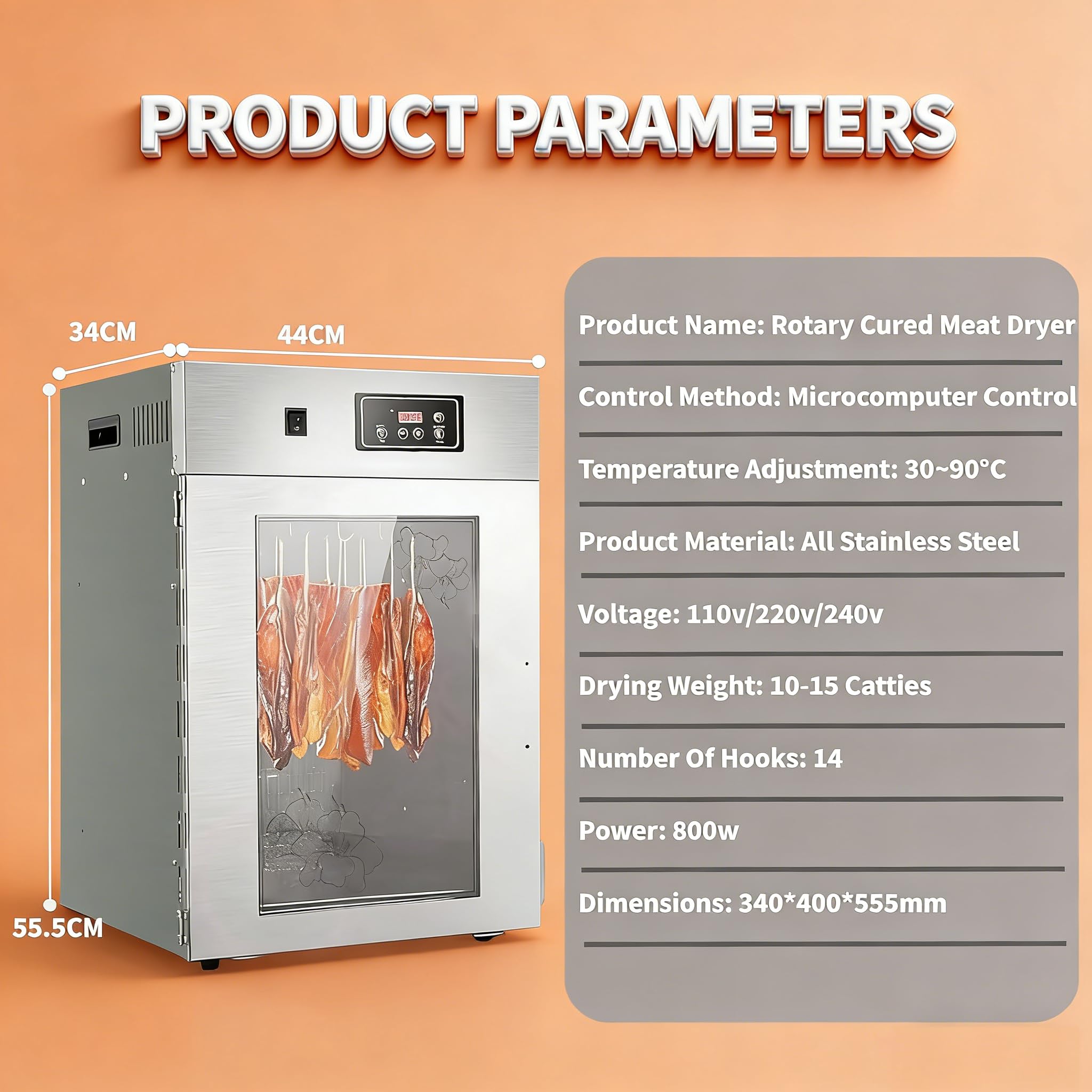 Essiccatore per Salsicce E Macchina per Carne Secca, Essiccatore Alimentare di Livello Commerciale con Ganci per Appendere, Potenza 800 W, Essiccazione Uniforme, Facile da Pulire