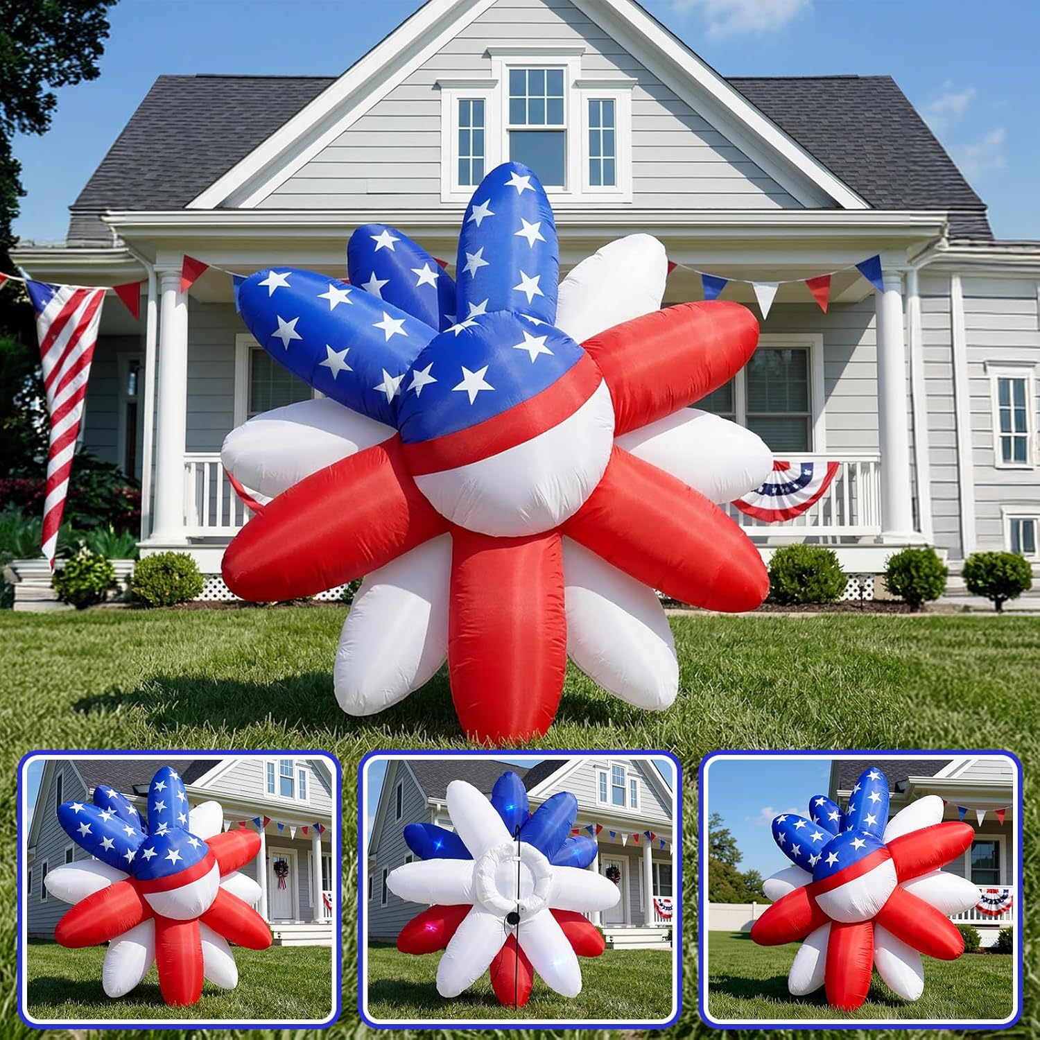 AerWo 5FT 4th of July Inflatables Outdoor, Red White Blue Daisy Flower Decor, Patriotic 4th of July Blow Up Inflatable with Built-in LED Lights for Lawn, Wall & Window Display for Holidays & Parties