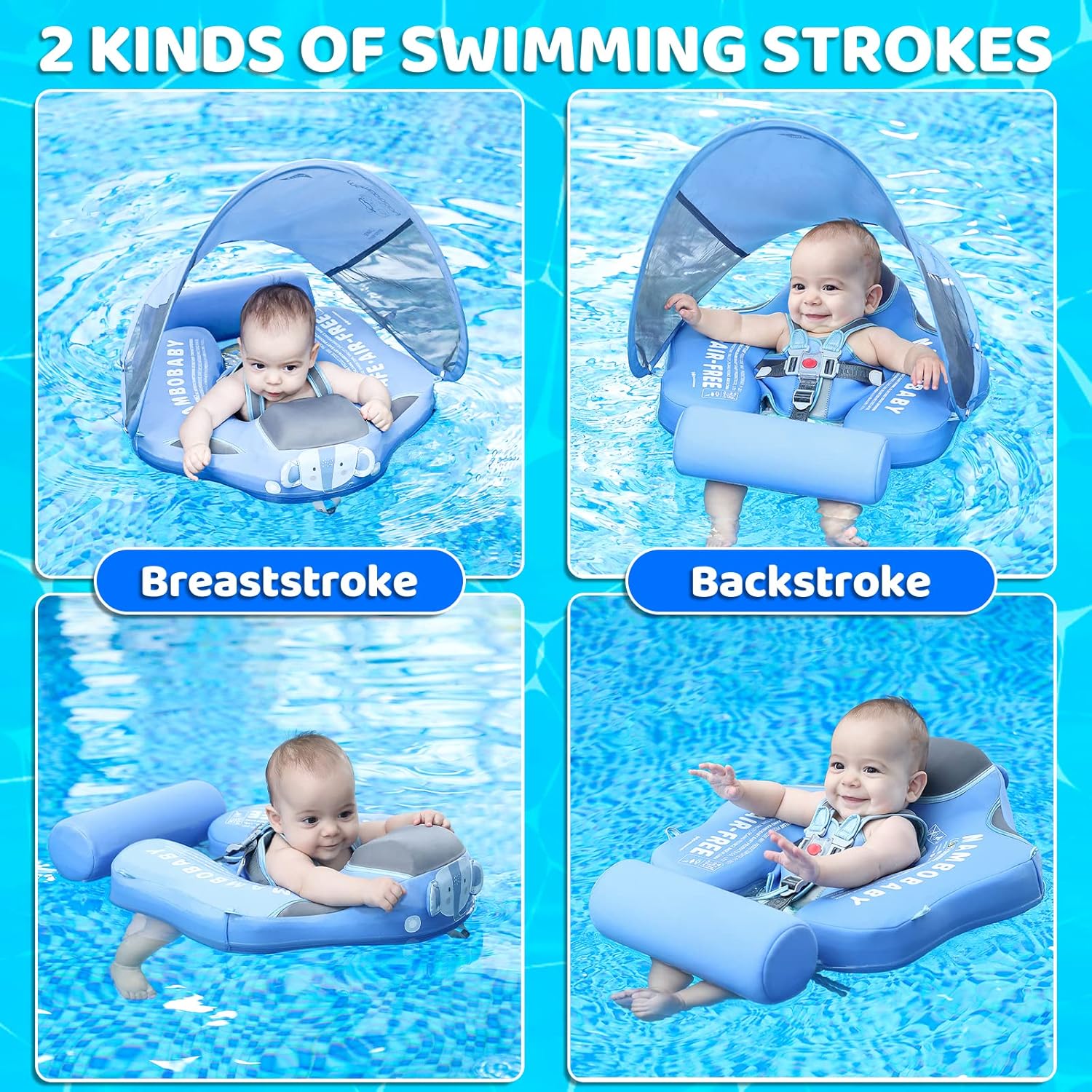 Mambobaby Baby Swim Float with Canopy & Tail Infant Pool Float Non-Inflatable Toddler Swim Float with Skin-Friendly Material for 3-24 Months Baby Boys Grils Elephant Blue