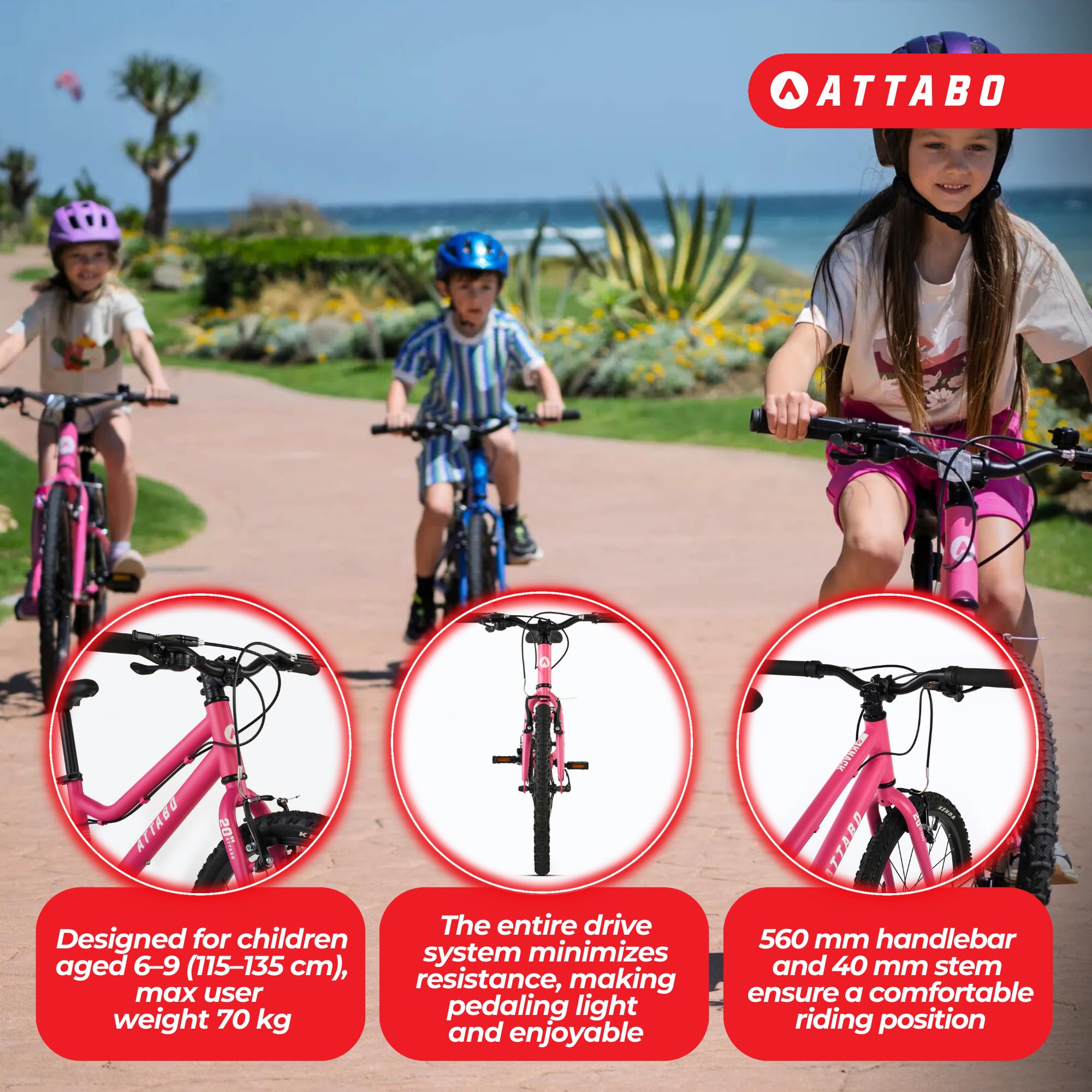 ATTABO Knack 20 – Kinderfahrrad (5–9 Jahre) mit leichtem Aluminiumrahmen, 20-Zoll-Rädern, Stahlgabel, für 110–135 cm Körpergröße, stabile Konstruktion, komfortabel und sicher bei jeder Fahrt