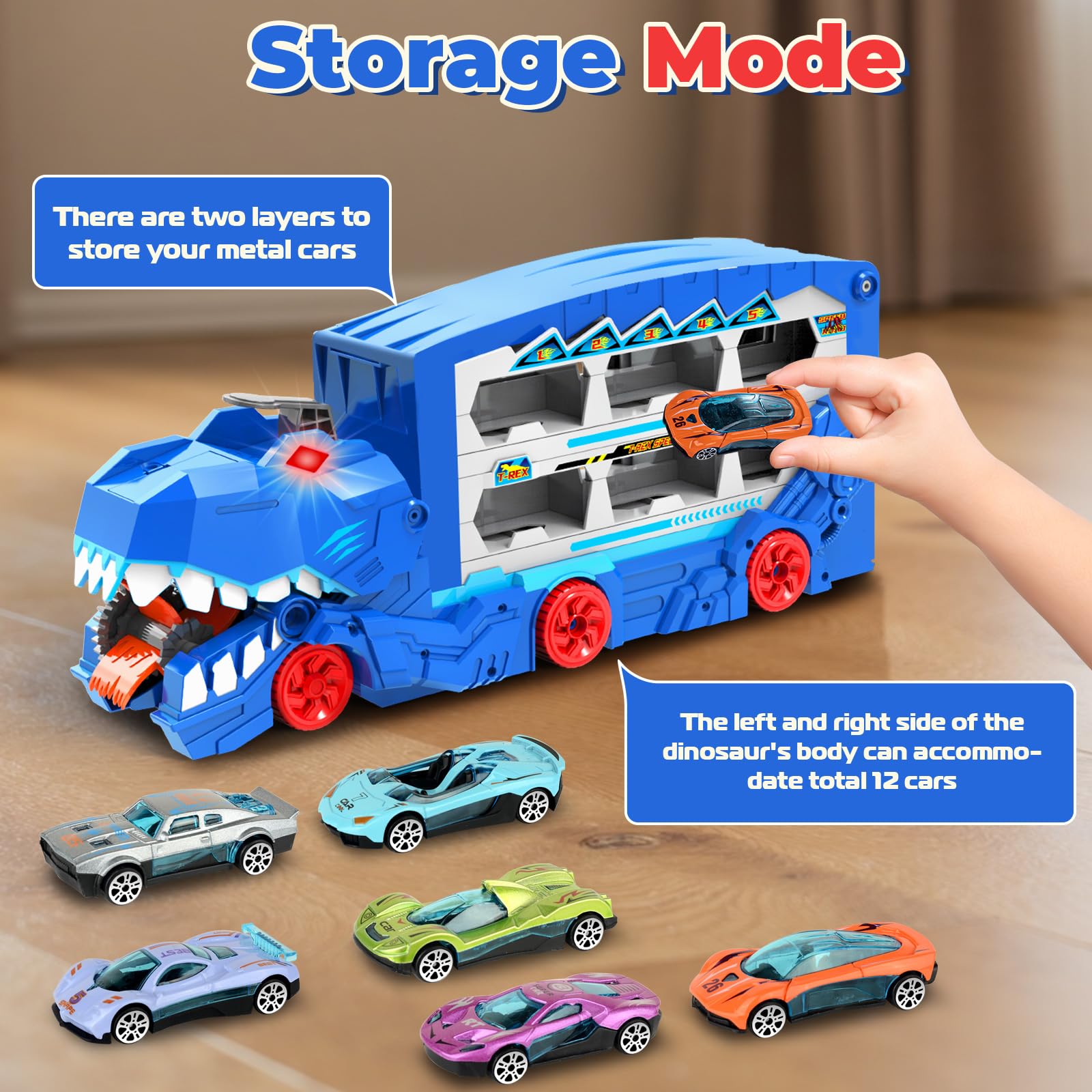 Ultimate Transporter - Juego de juguetes de pista de carreras de dinosaurios para niños, camión portador de 6 pies con 8 coches de juguete de metal fundido a presión, coche de carreras con