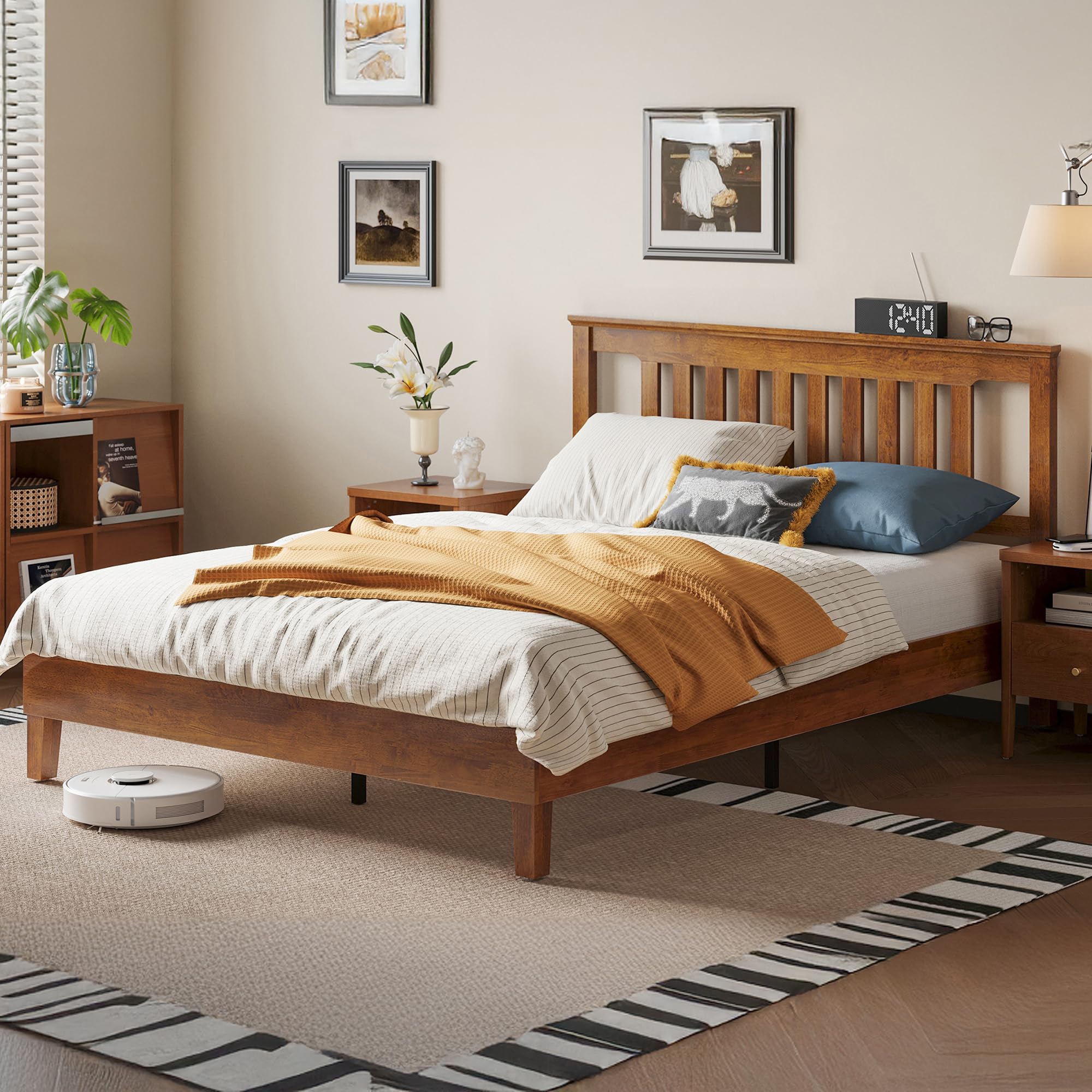 LINSY Wood Full Size Bed Frame, Solid Wood Platform Bed Frame Full with headboard, Wooden Bed with Wood Slat Support, No Box Spring Needed, Walnut