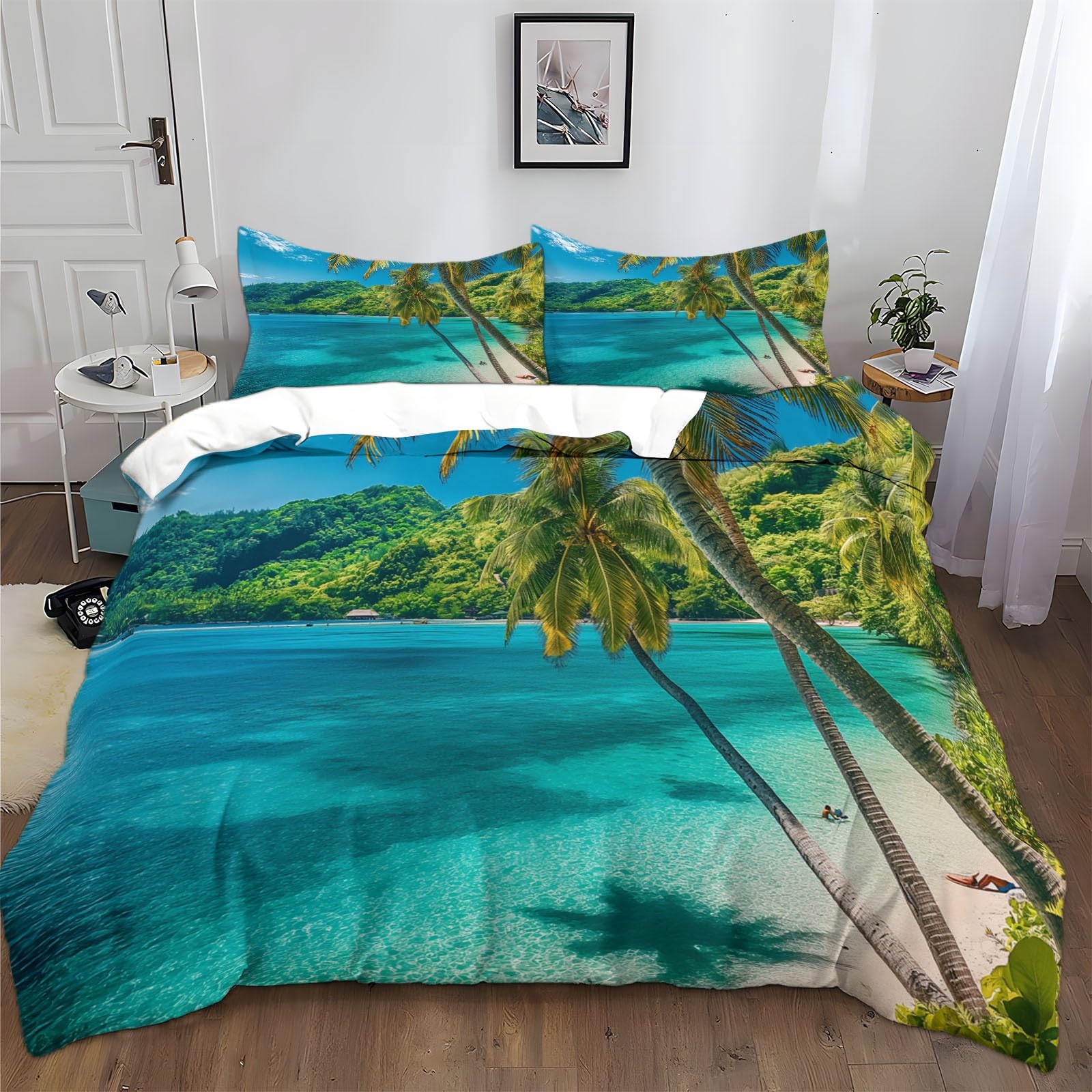 Bettbezug 155x220 cm Sea Palm Tree Beach Bettwäsche Set Weiche Atmungsaktive Hypoallergen für Jugendliche Einzelbett mit Reißverschluss und Kissenbezug 80x80 cm