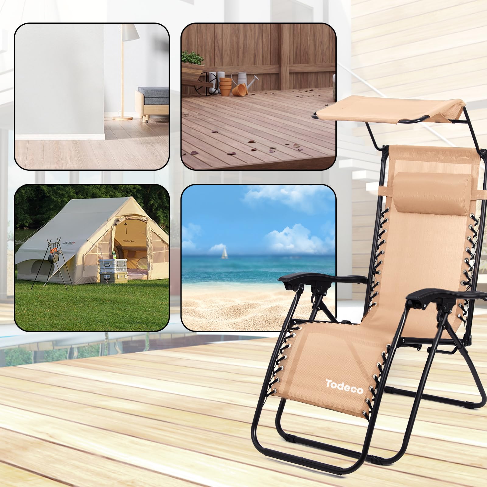 Todeco Tumbona Plegable Jardín con Toldo, Silla Gravedad Cero Reclinable con Respaldo Ajustable para Patio, Camping, Terraza y Piscina, Carga máxima 100kg, Caqui