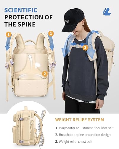 Miniatura 5 de LIVACASA Mochila de viaje impermeable para mujer, 40 L, aprobada por aerolíneas, mochila para portátil con compartimento y puerto USB, Beige,