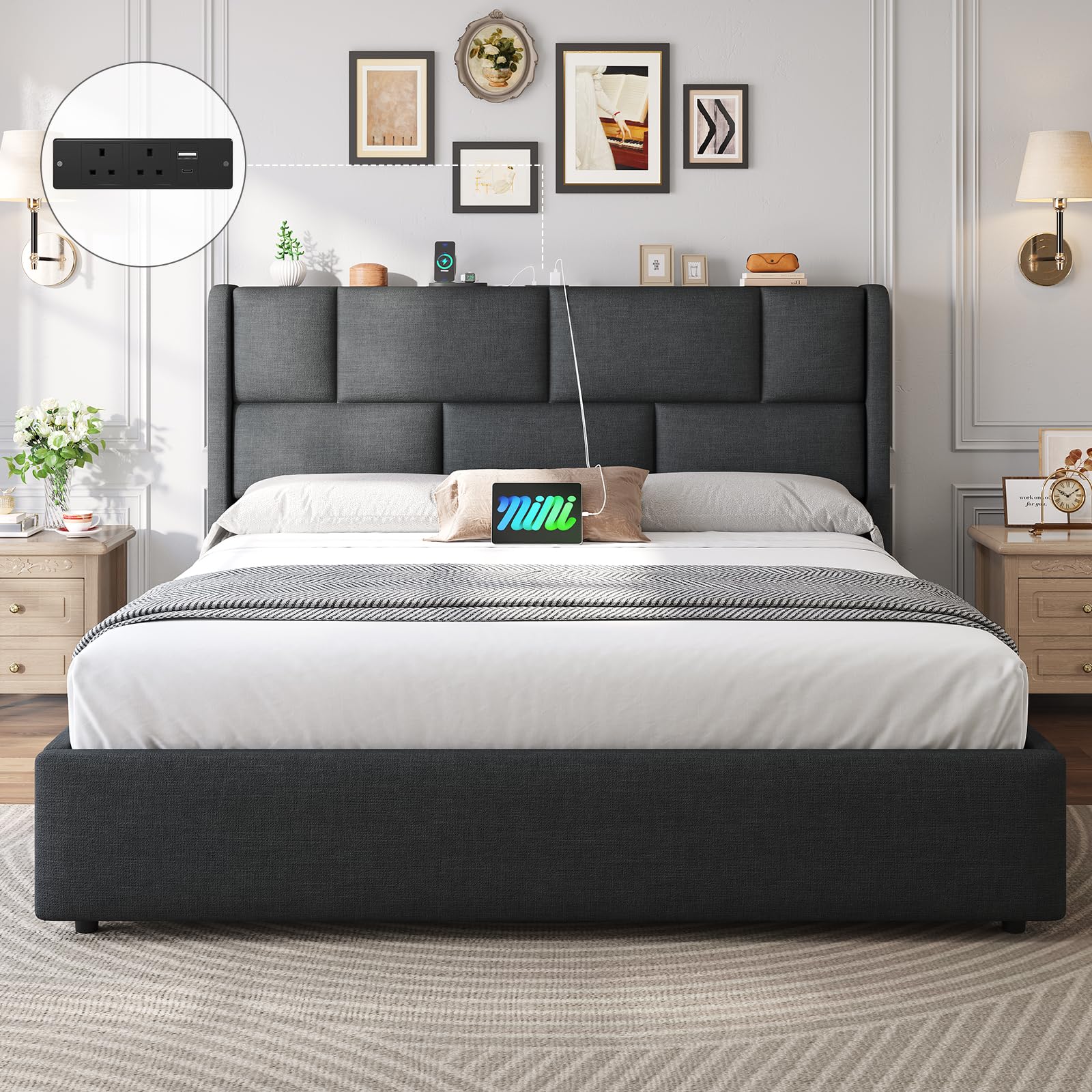 Brinlawb 5ft King Size Ottoman Bed Frame with Hydraulic Storage, Upholstered King Size Bed Frame with Adjustable Headboard and Charging Station, Ample Under-Bed Storage Space, 150x200 cm, Grey — image 1