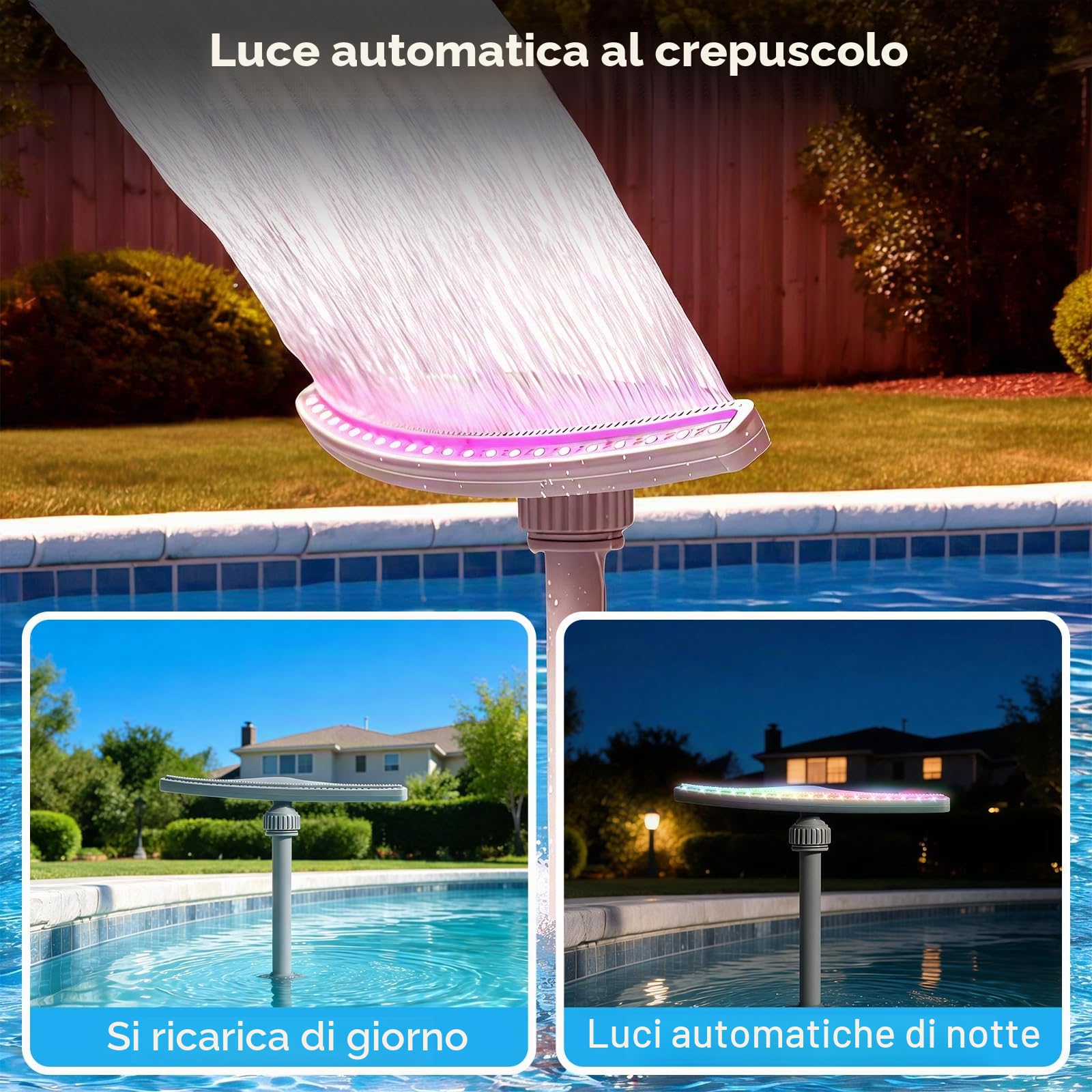 Fontana per piscina a energia solare con illuminazione, altezza regolabile da 40 a 69 cm, fontana a spruzzo per piscine, fontana a 360°, per piscine da terra e da incasso