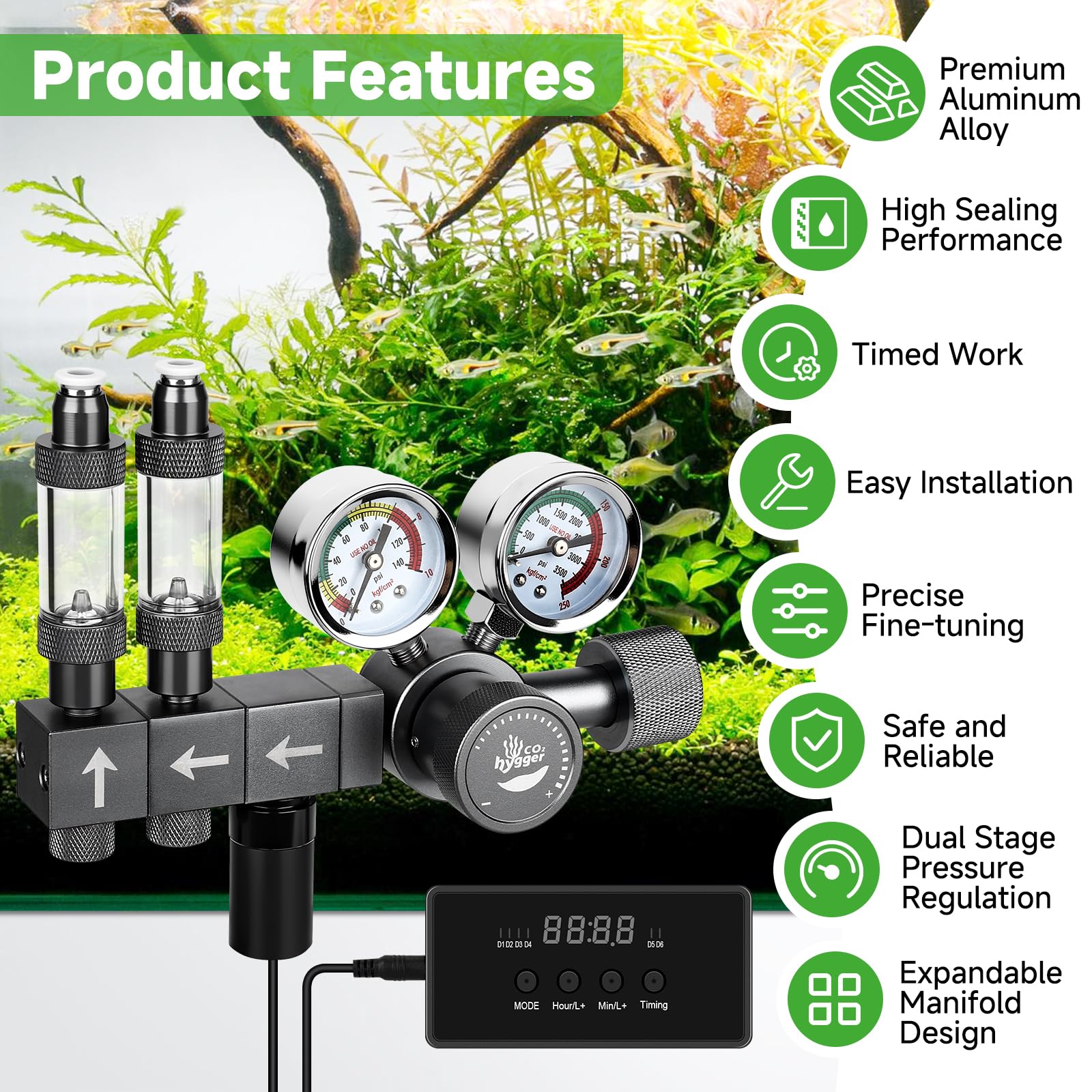 Regulador de CO2 mejorado para acuario con válvula motorizada, presión ajustable de doble etapa, expandible para dos tanques, incluye temporizador y contadores de burbujas para sistema de