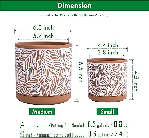 Miniatura 2 de D'vine Dev Juego de 2 macetas de terracota, maceta con patrón de hojas, 4 y 6 pulgadas, maceta con orificio de drenaje y platillo, terracota/blanco,