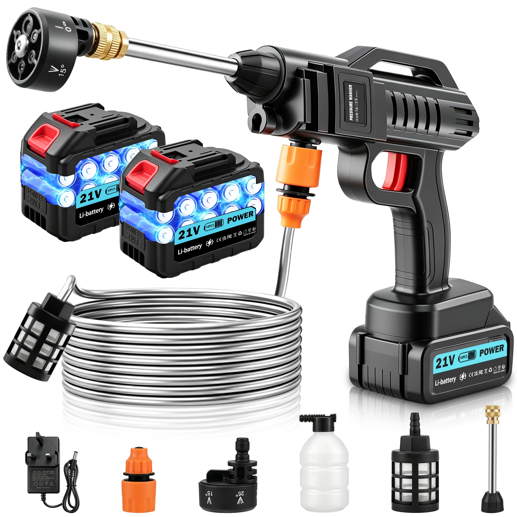 Keleef Cordless Pressure Washer 21V, 62Bar Portable Power Washer with 2 Battery, 6 in 1 Nozzle, 5M Hose, 270L/h Battery Jet Wash for Car Floor Garden Cleaning & Watering