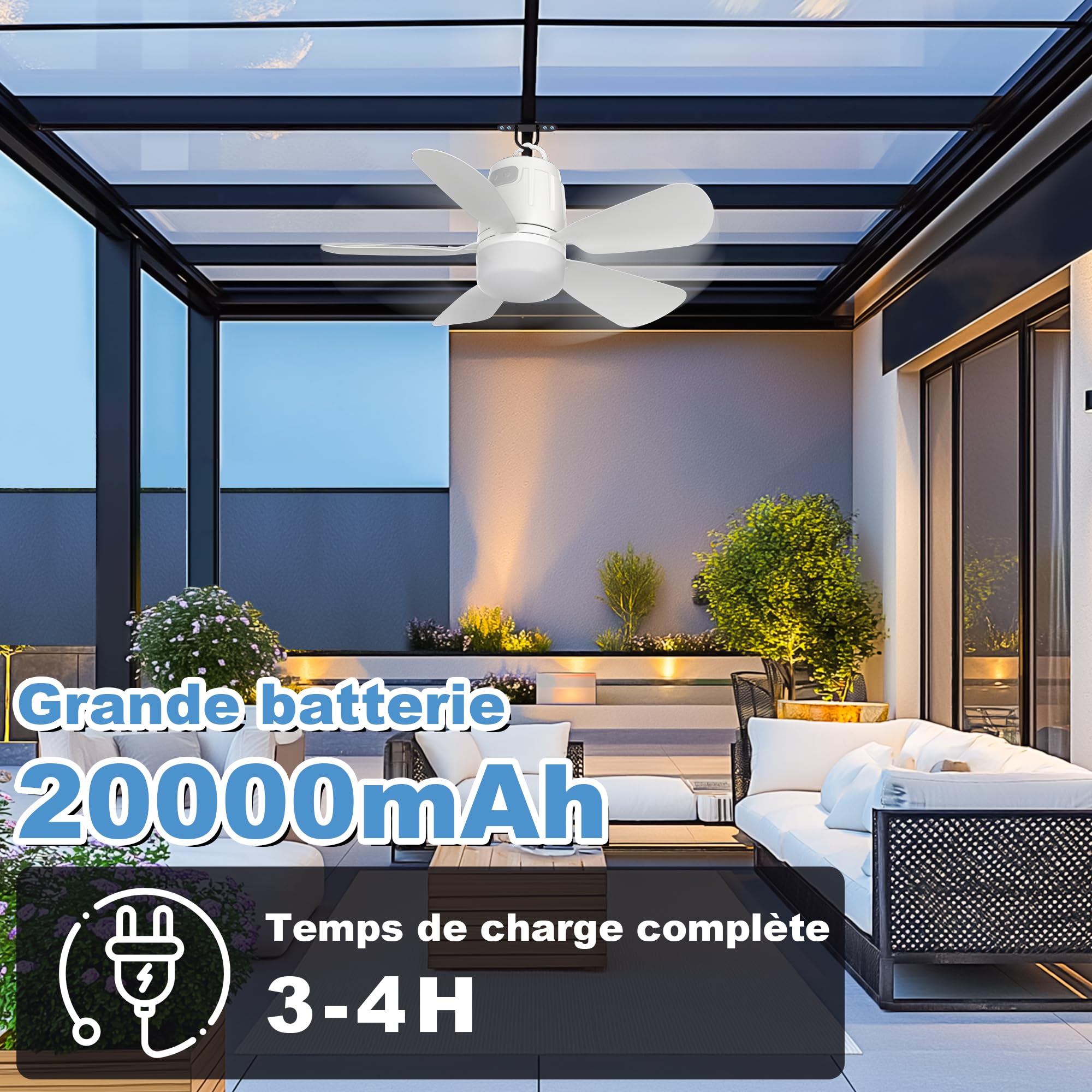 Gliztech Ventilateur de Plafond Extérieur 50CM, 20000mAh avec Lampe et Télécommande Silencieux, Ventilateur Silencieux Plafond, Pergola, Terrasse, Tente ou Parasol