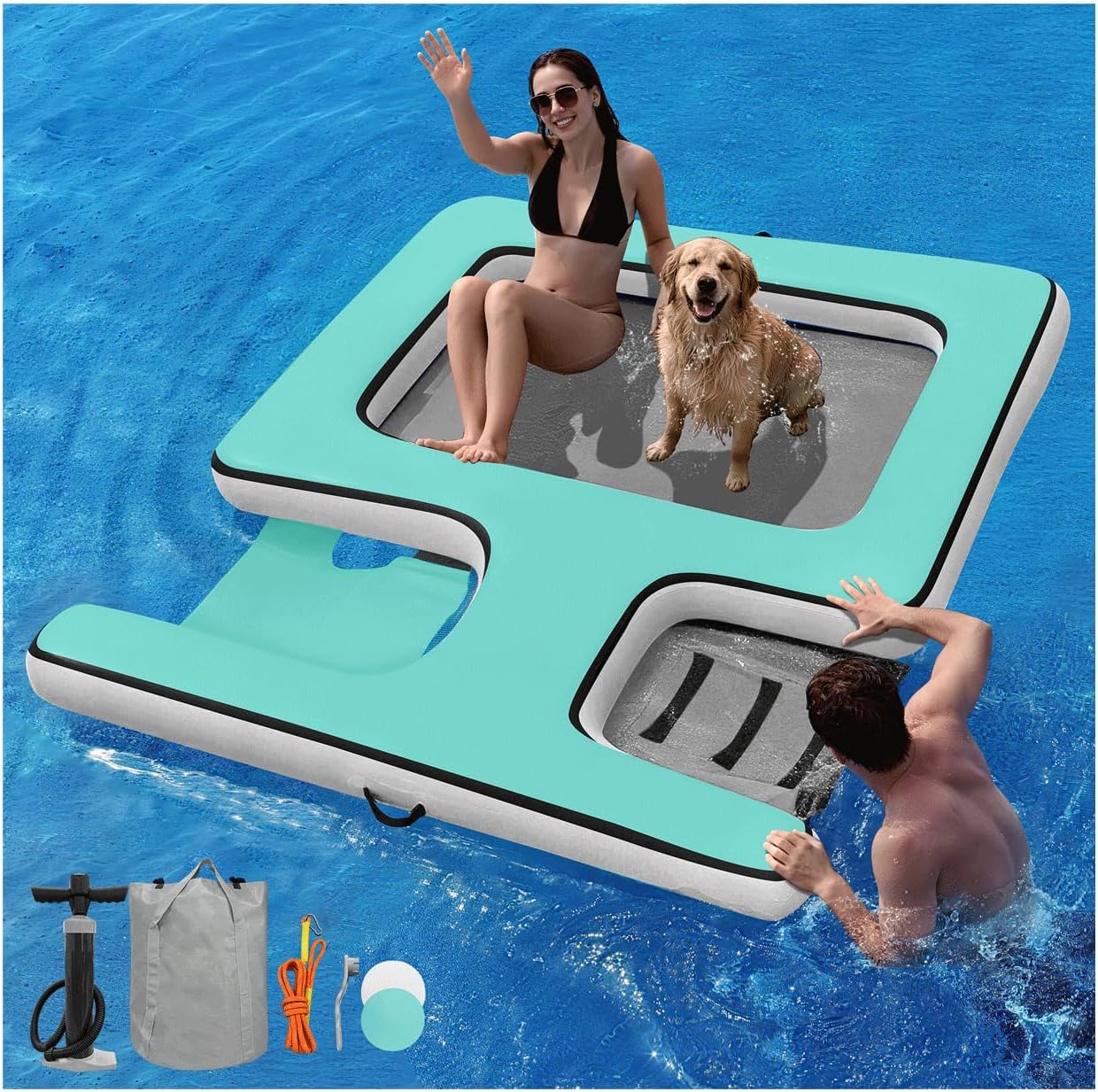 Inflatable Floating Dock 7FT x 6FT Floating Platform with Water Ramp, Ladder, Hammock & Seat - Dog Floating Island Raft Pool Float for Lake, River, Ocean Parties