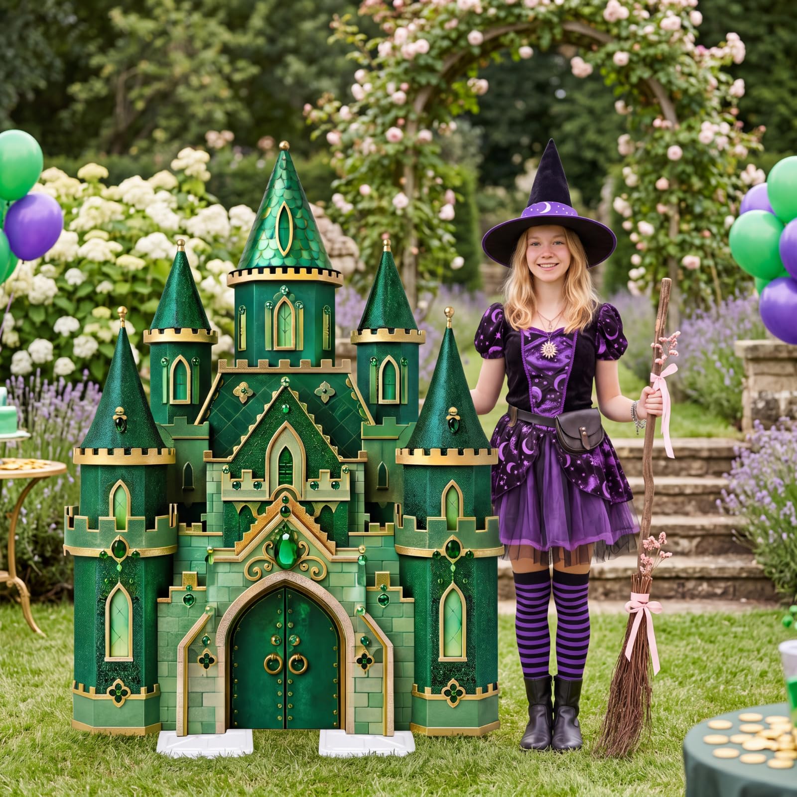 Qunclay 4.5 ft Green Castle Cardboard Cutout Halloween Wizard Party Decoration Life Size Witch Theme Photo Booth Prop Standee Stand up 3D Display Backdrop Decor for Birthday Halloween