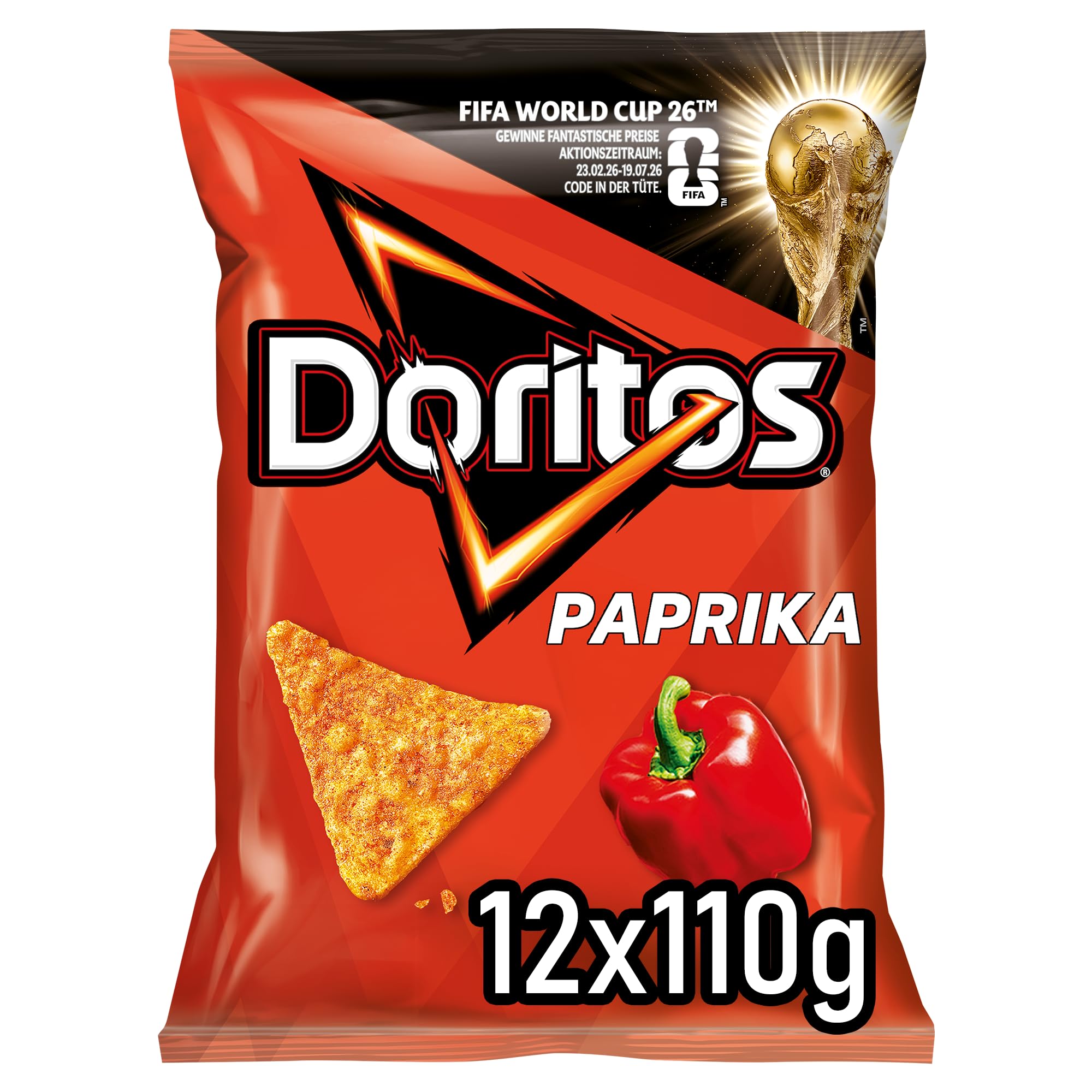 Doritos Paprika -Tortilla Nachos mit Paprika Geschmack - Herzhafter Snack zum Knabbern aus Mais (12 x 110g) (Verpackungsdesign kann abweichen)