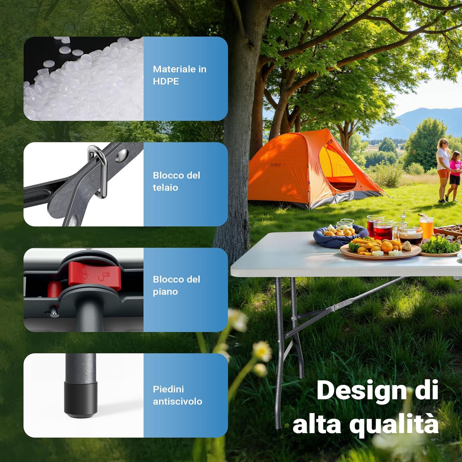 Close-up images showing the HDPE material, frame lock, table lock, and anti-slip feet of the Wiltec table