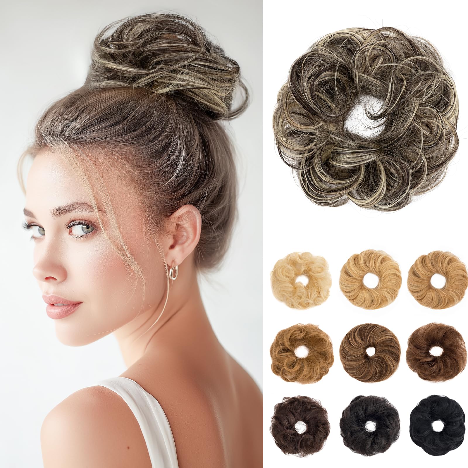SEGOHAIR 17G Messy Bun Scrunchies Human Hair Curly Wavy Donut Hairpiece for Women Girls Natural Black Mixed Bleach Blonde Hair Bun Maker Elastic Real Remy Donuts Updo Chignon