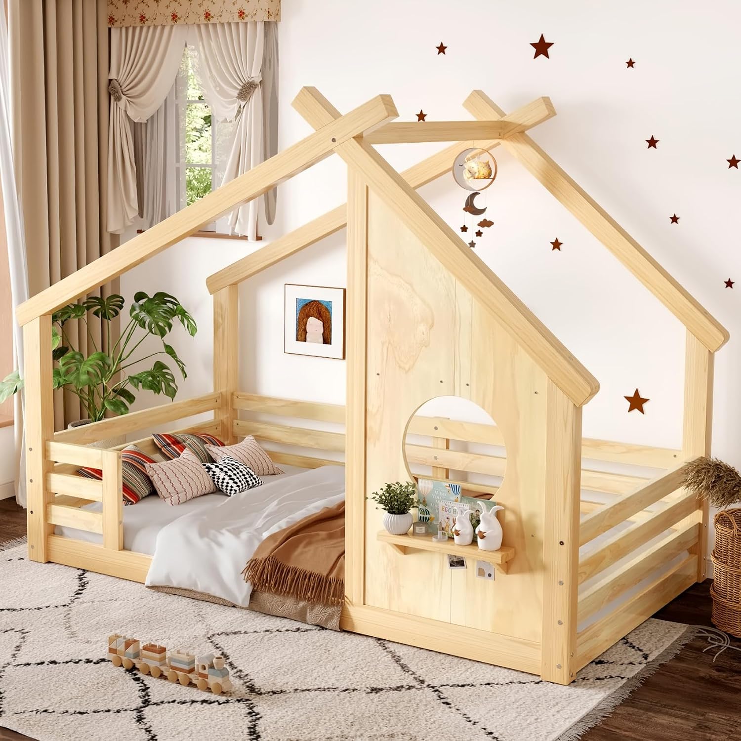KEIKI Solid Wood Twin House Shape Floor Bed Frame for Kids with Window, Roof, Guardrails and Small Shelf, Montessori Low Profile Bedframe Daybed Platform for Girls Boys, No Spring Box Needed, Natural