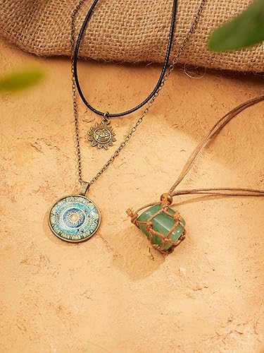 Miniatura 6 de MINACHI Collar de múltiples capas de estilo retro bohemio, sol de cristal verde y colgante floral, joyería étnica para mujer