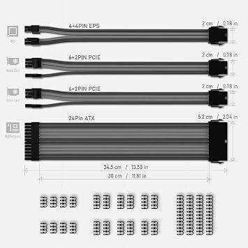 EZDIY-FAB PSU Cable Extension Sleeved Custom Cable for PC Power Supply,Soft Nylon Braided with Comb Kit 24PIN/8PIN to 6+2Pin/ 8PIN to 4+4PIN-30CM 300MM - Black and Grey