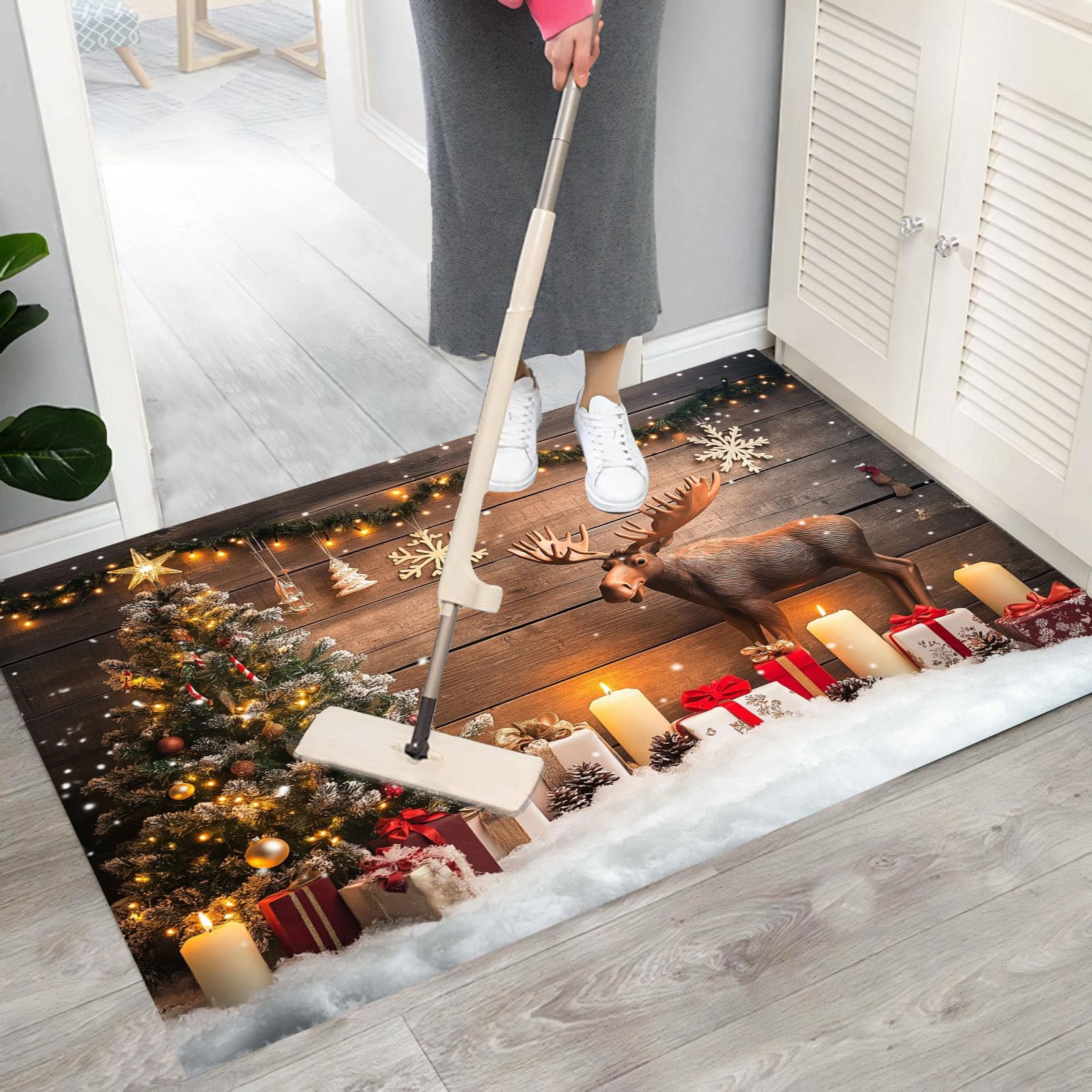 Felpudo Navidad Fondo, 80x120cm Alfombra Puerta Árbol De Navidad Renos, Alfombra Navidad Antideslizante para Cocina Pasillo Salón, Felpudo Entrada Casa Decoración