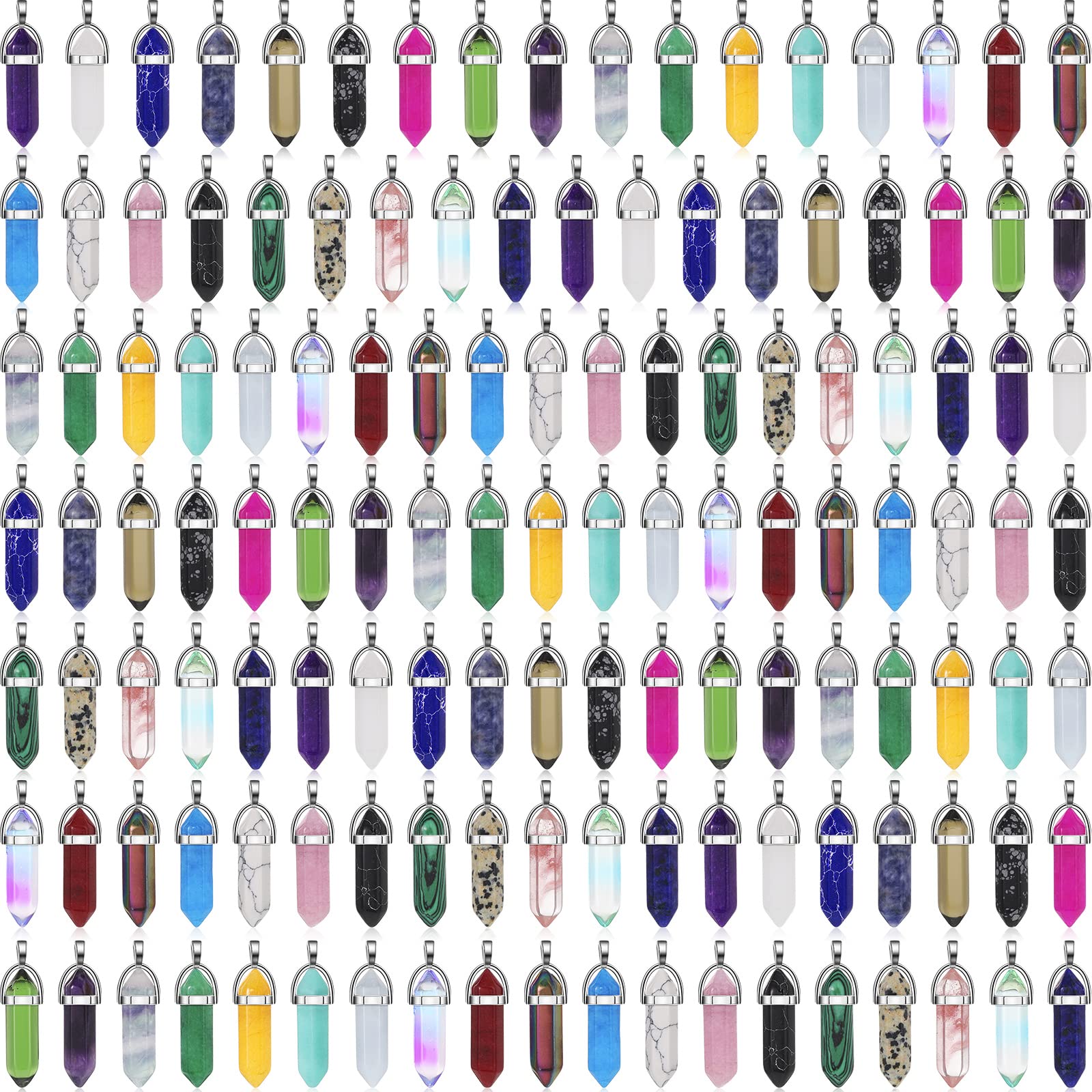 130 Pcs Mixed Hexagonal Crystal Pendants Bulk Natural Gemstone Pendants Necklace Stone Chakra Pointed Quartz Gemstones Bullet Shaped Pendant Charm with Storage Bag for Jewelry Making (Vibrant Style)