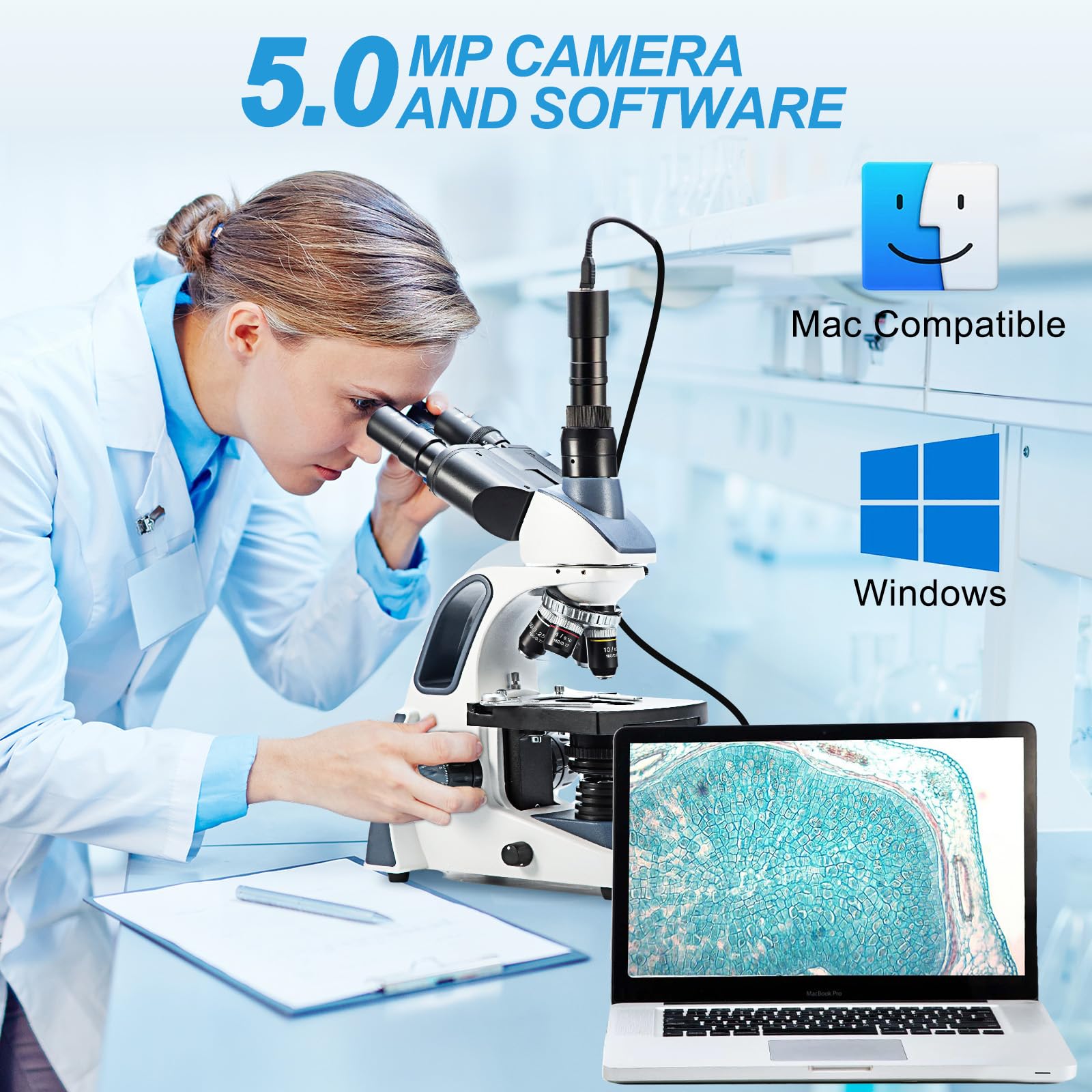 SWIFT Microscopio composto trinoculare SW380T, 40X-2500X, con fotocamera da 5 MP e diapositive, testa Siedentopf, grado di ricerca, stadio meccanico a due strati