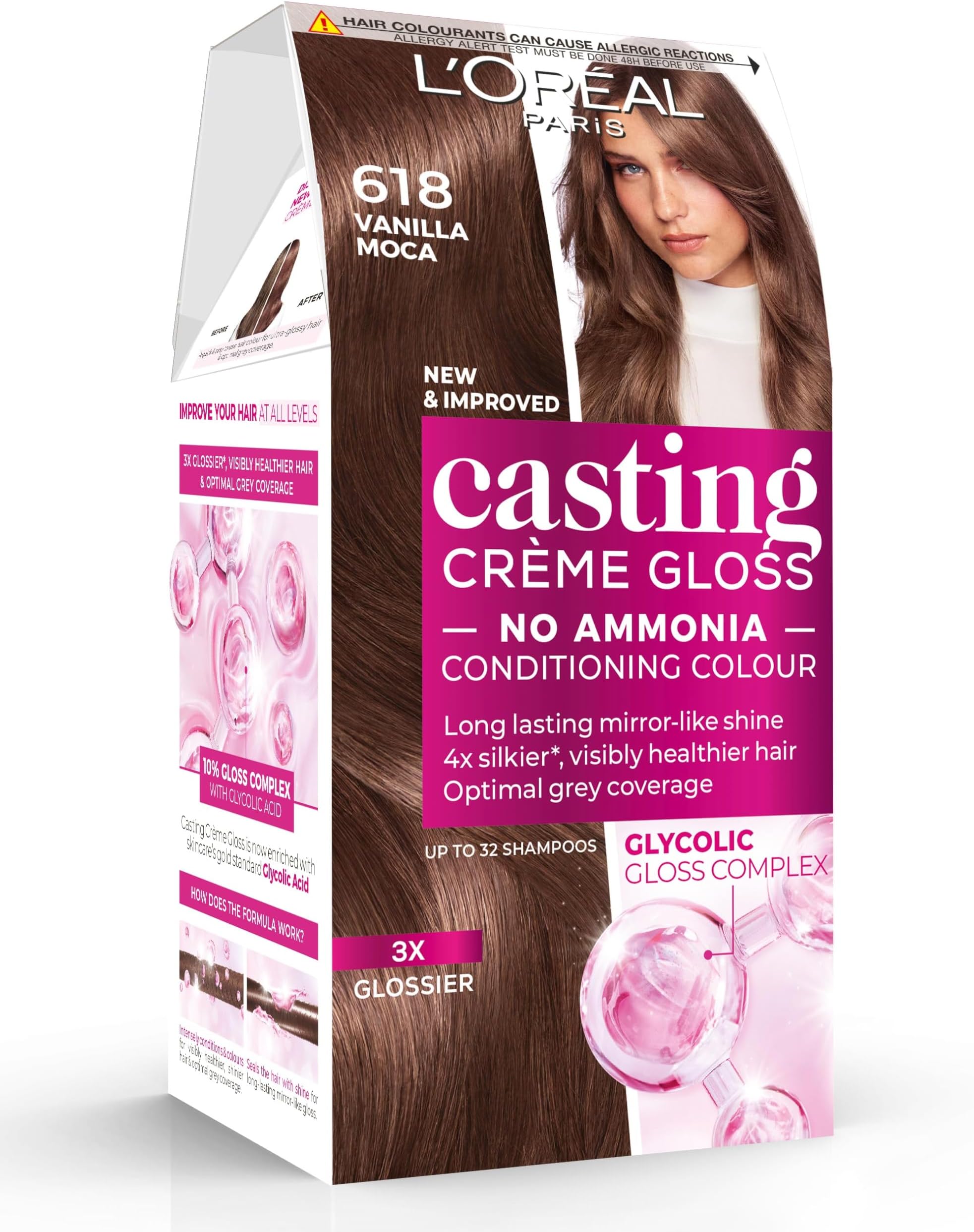 Casting Crème Gloss 618 Vanilla Mocha: This no-ammonia, semi-permanent hair colour lasts 32 washes. Enjoy up to 3x glossier, 4x silkier, visibly healthier hair with a warm vanilla mocha shade.